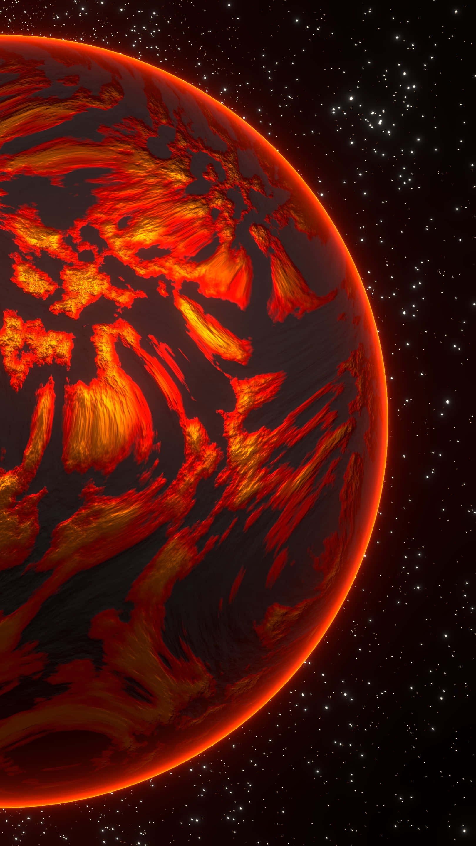 Neon Galaxy, fiery molten planet, glowing orange lava flows, 2K Phone Wallpaper