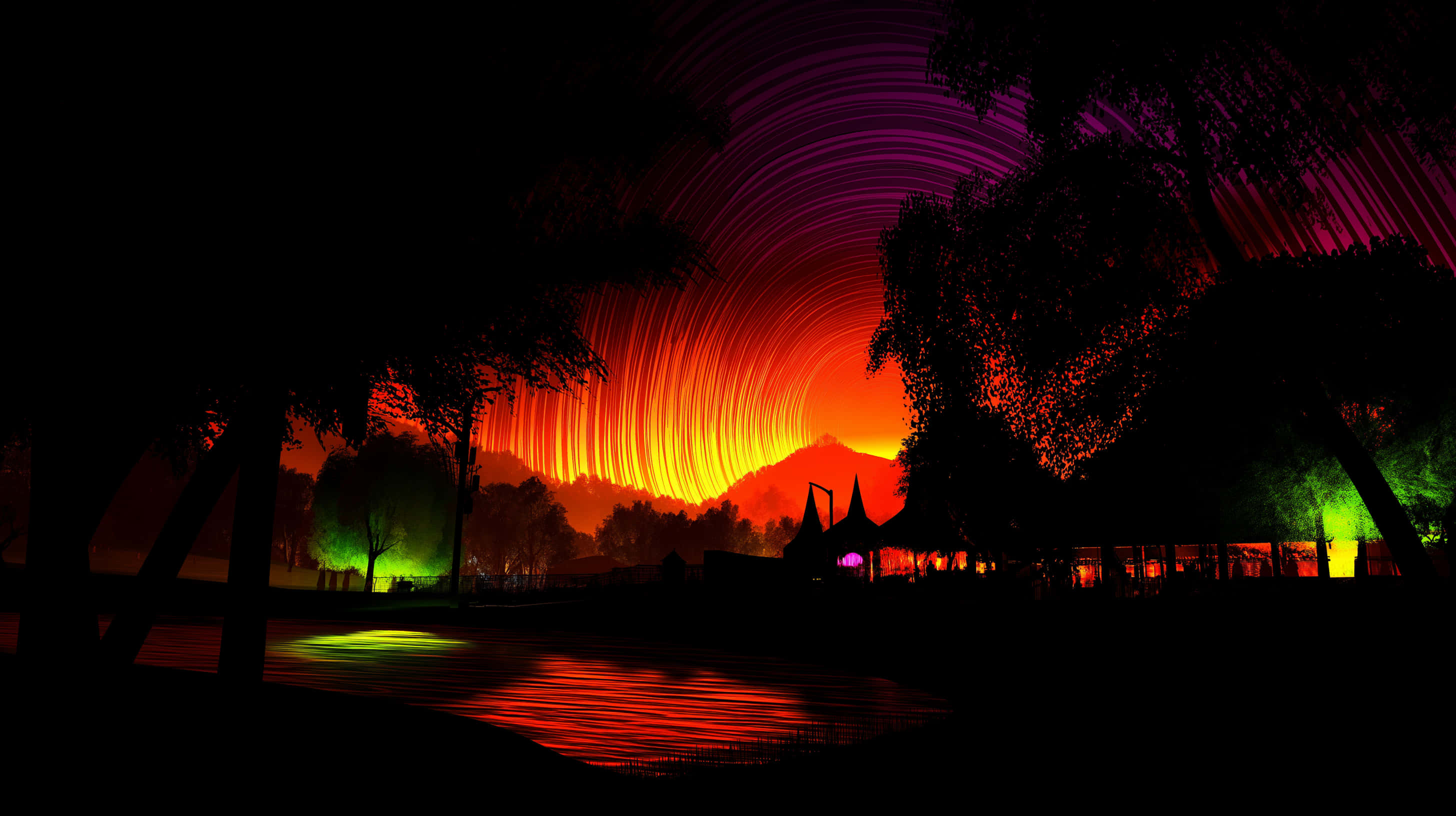 Neon Sunset Lake, star trails, fiery orange, 2K Desktop Wallpaper