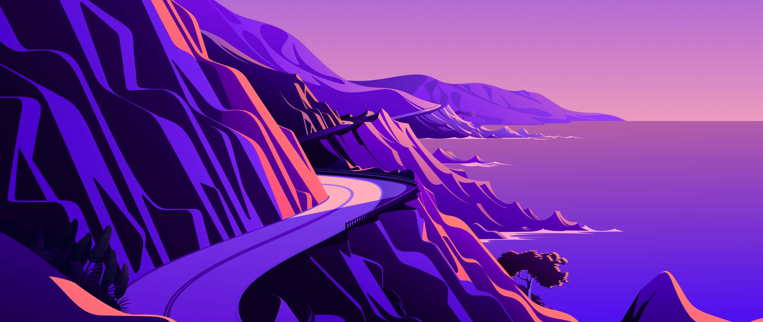 coastal road, purple cliffs, gradient sunset sky, 2K Desktop Wallpaper