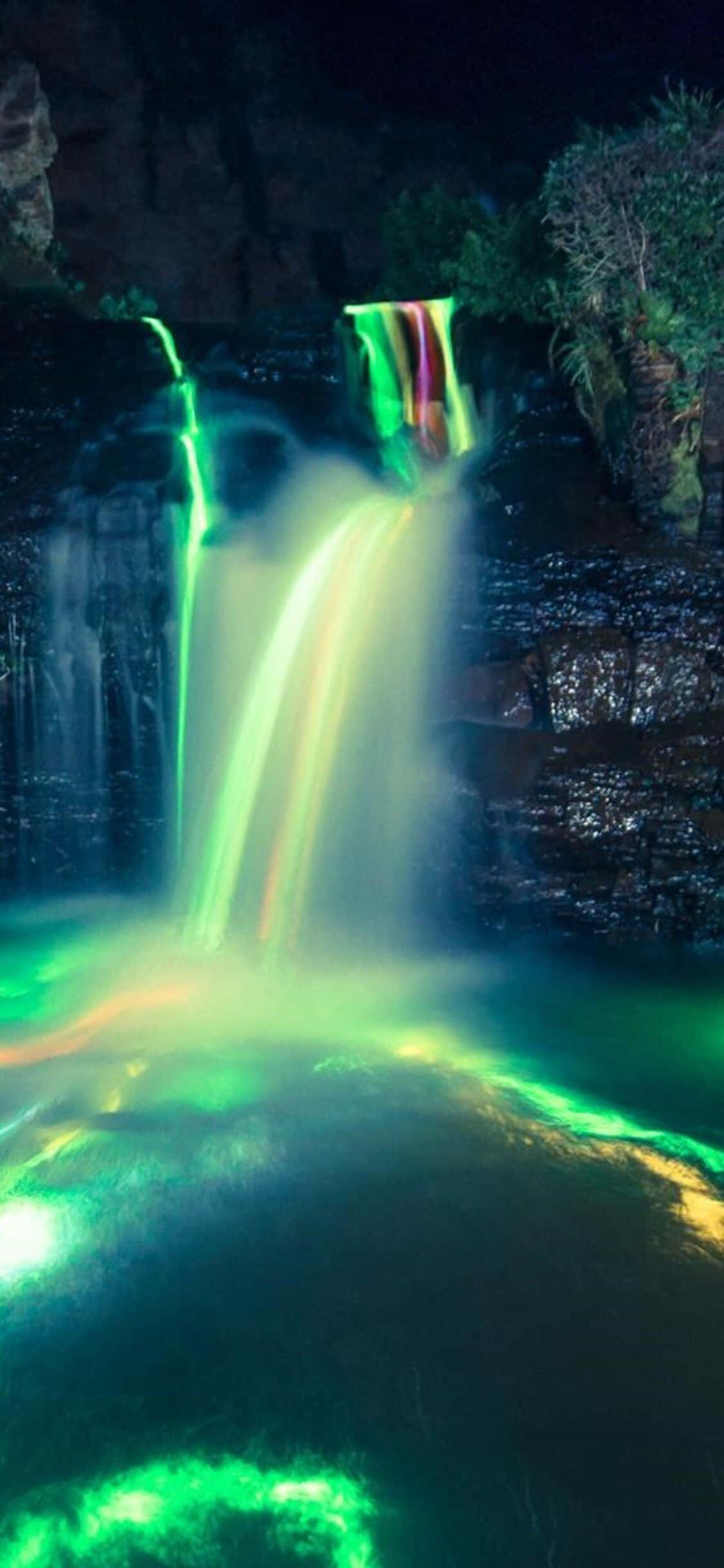 neon nature, glowing pathway, luminous waterfall, Full HD Phone Wallpaper