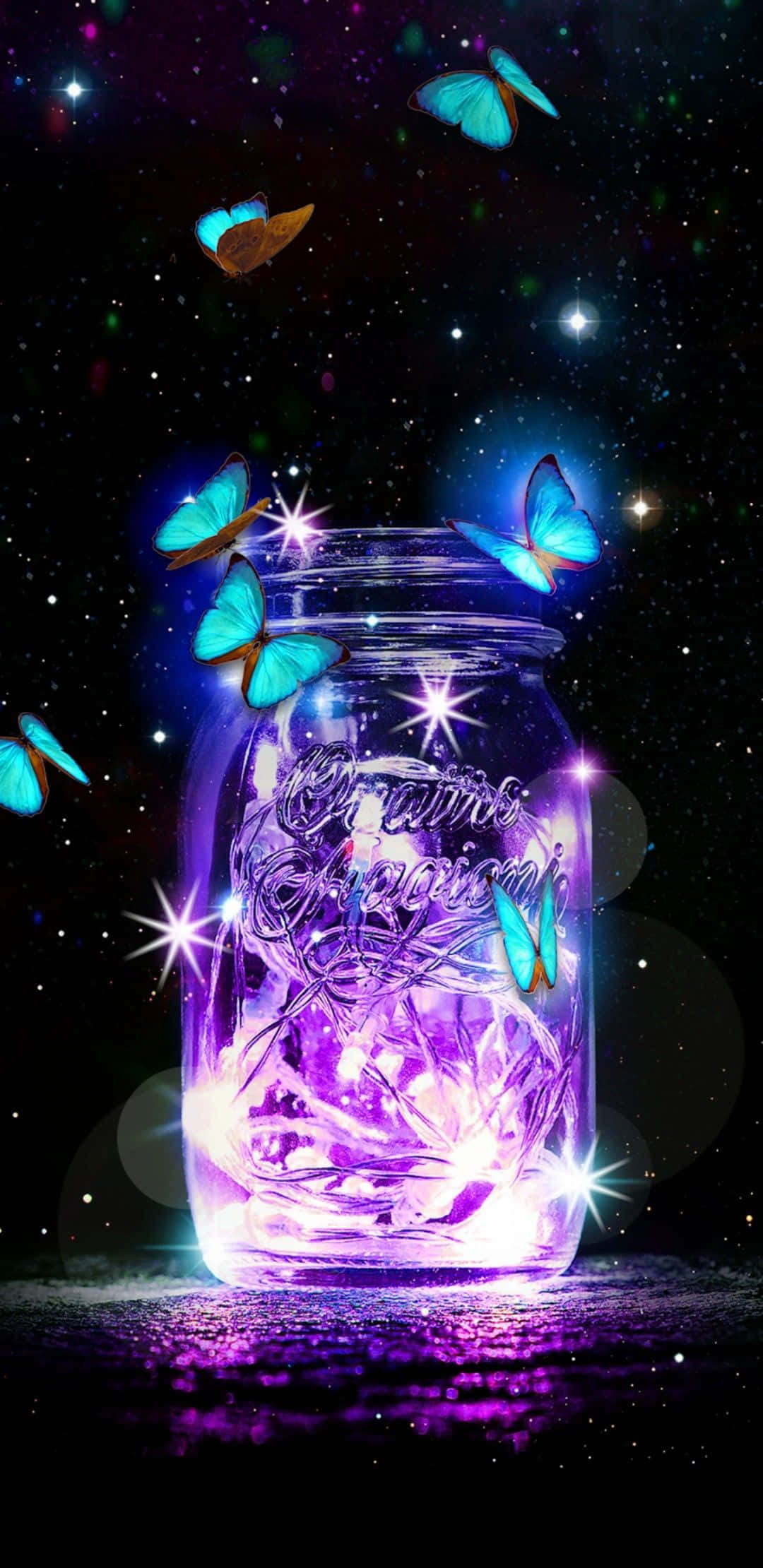 enchanted butterfly jar, glowing purple mason jar, sparkling lights, Full HD Phone Wallpaper