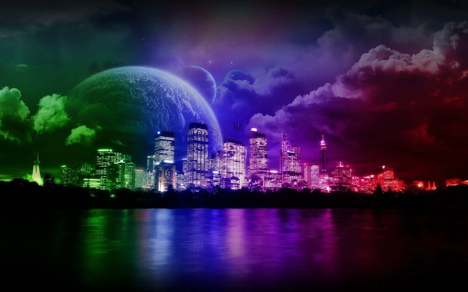 Neon Forest, futuristic city skyline, neon lights, Full HD Desktop Wallpaper