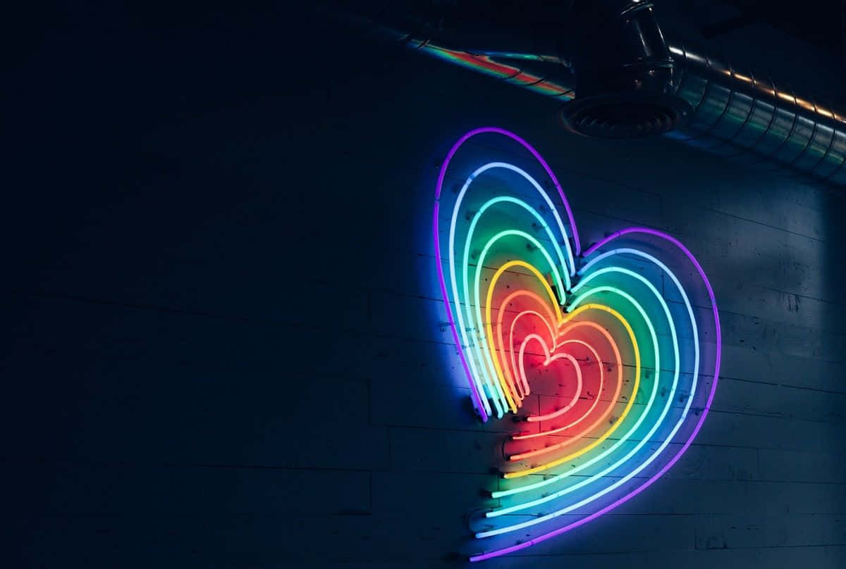 neon heart sign, rainbow neon, dark brick wall, SD Desktop Wallpaper
