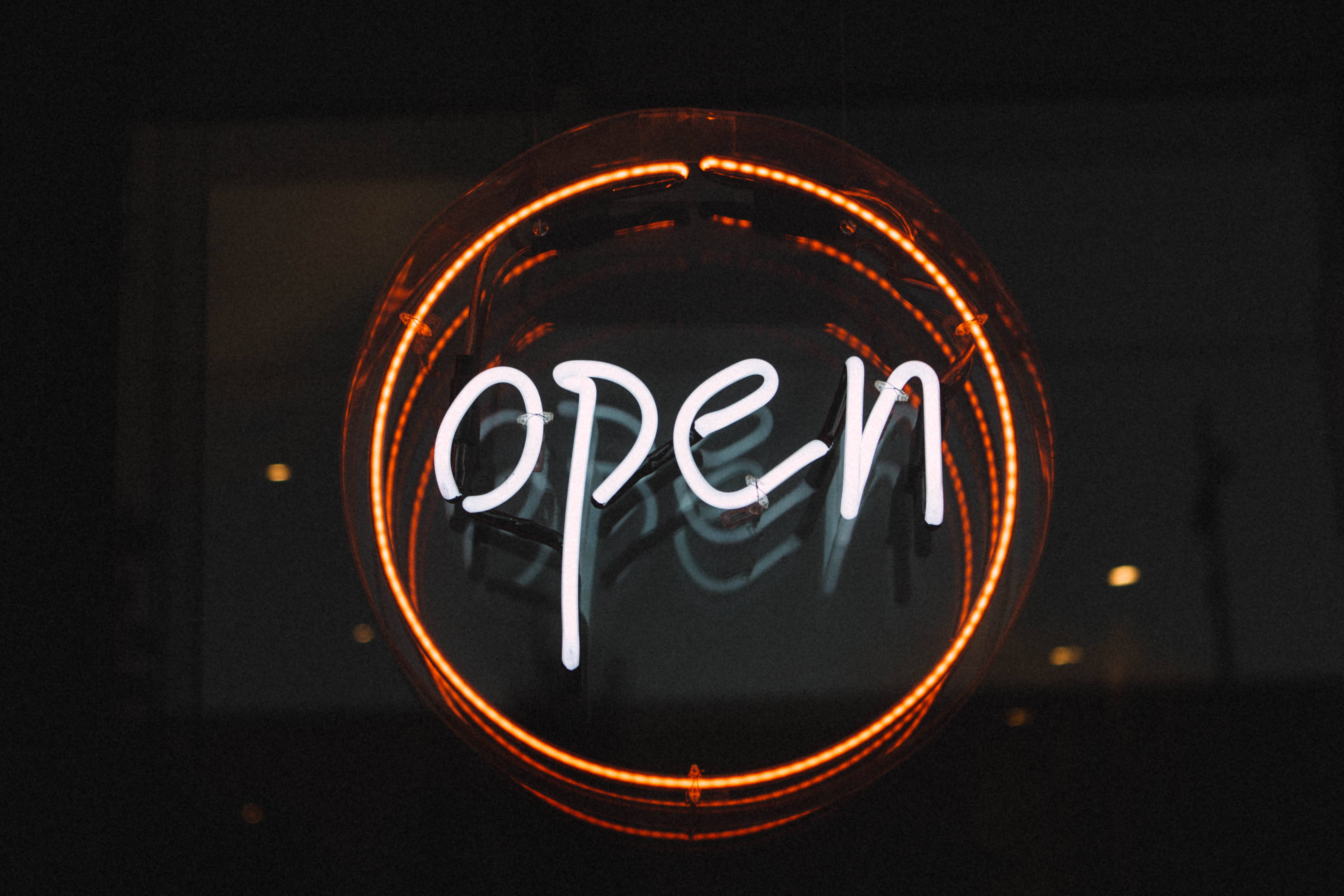Neon Orange Aesthetic, open, white script, 5K Desktop Wallpaper