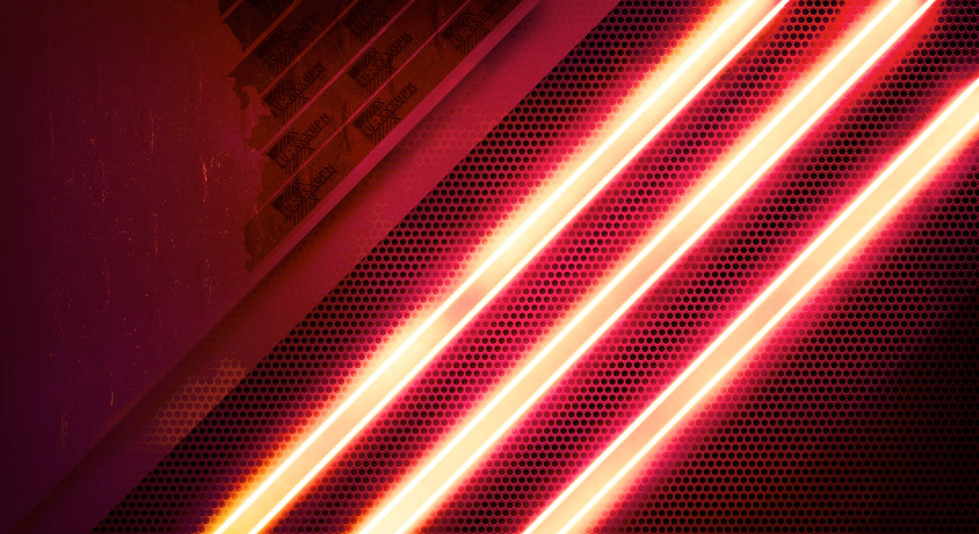 Neon Orange Aesthetic, diagonal neon lights, dark perforated metal surface, Full HD Desktop Wallpaper