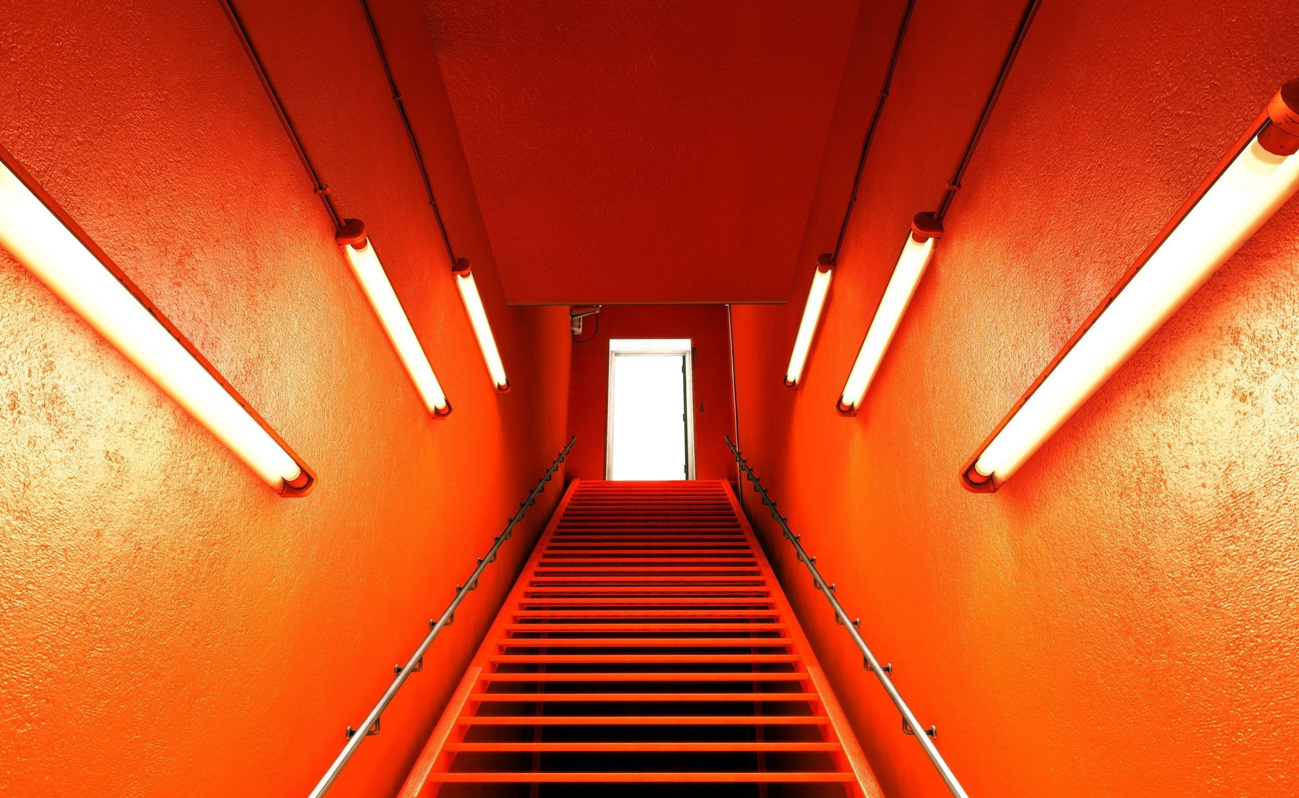 Neon Orange Aesthetic, stairs, fluorescent tubes, Full HD Desktop Wallpaper