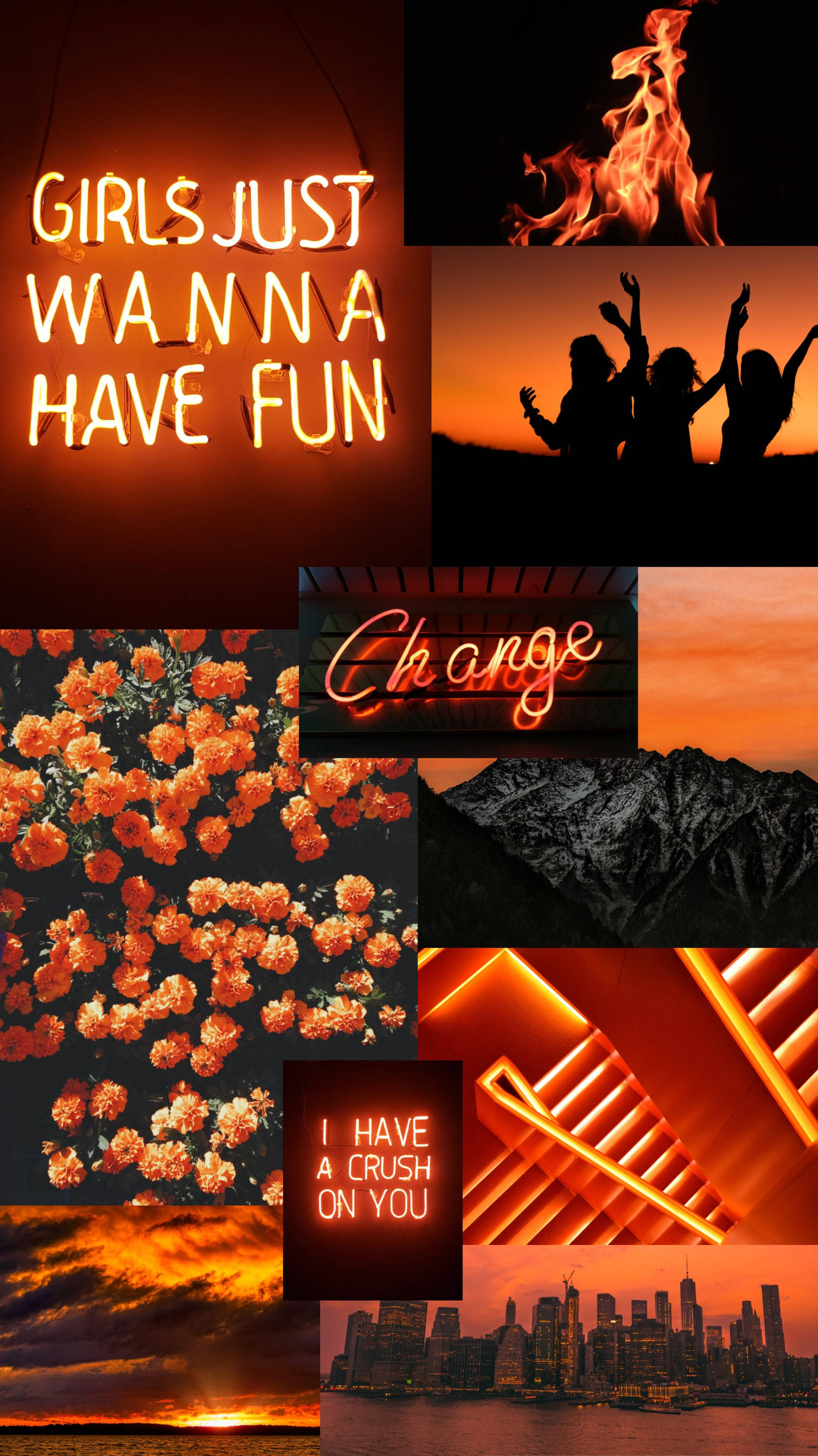 Neon Orange Aesthetic, neon signs, fire flowers, 2K Phone Wallpaper