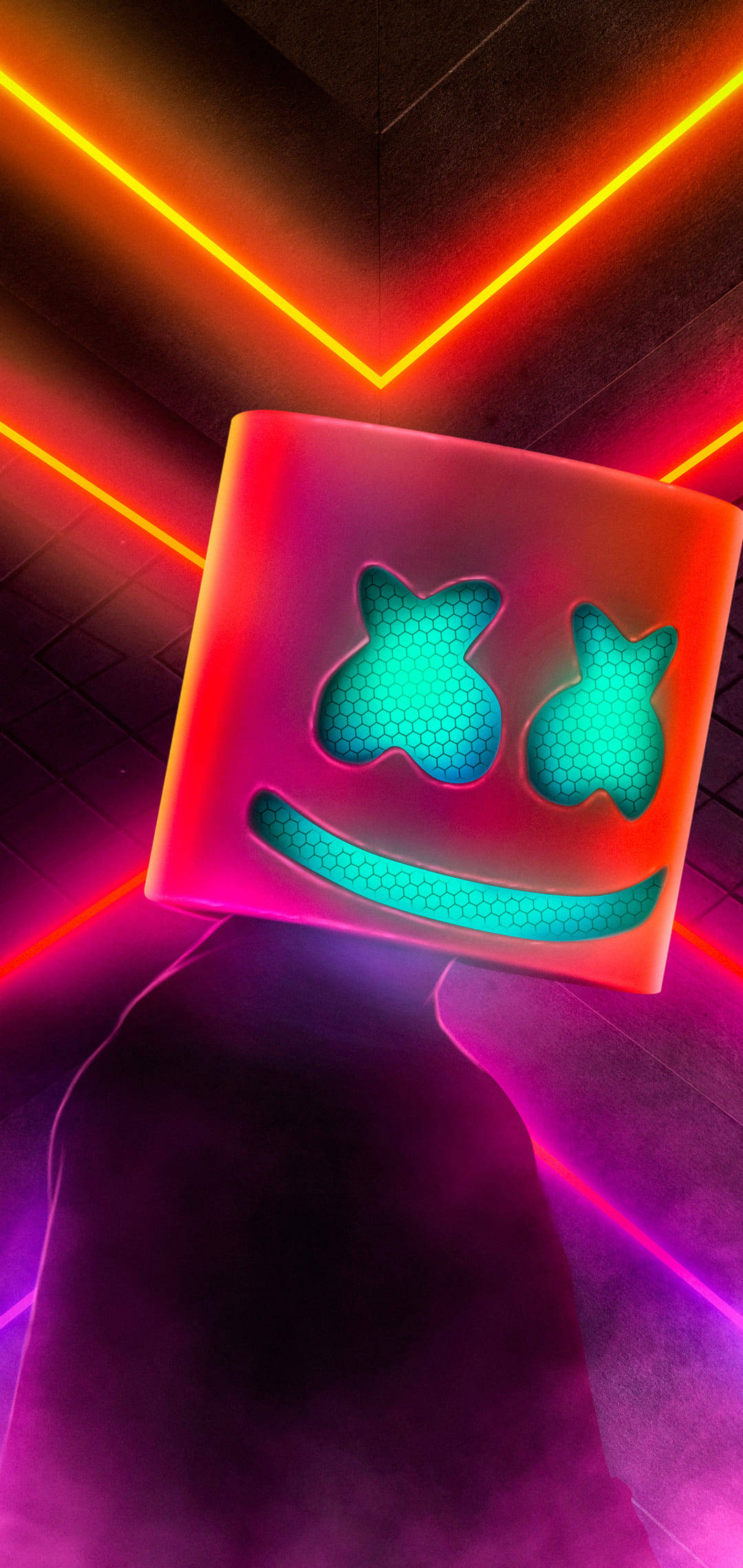 Neon Orange, Teal Smiley Face, Glowing Pink Cube, Full HD Phone Wallpaper