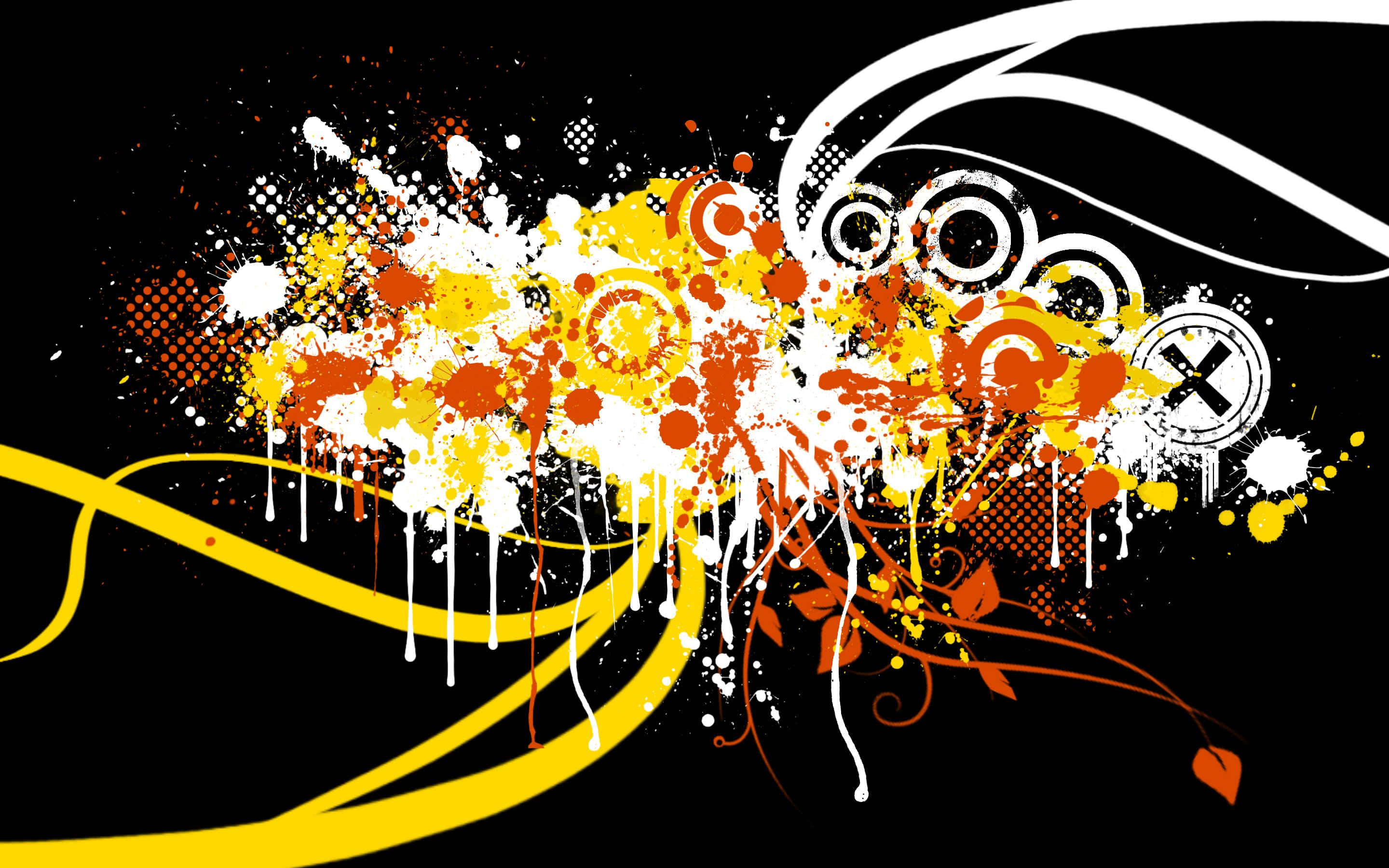 orange yellow, white paint splatters, stark black background, 2K Desktop Wallpaper