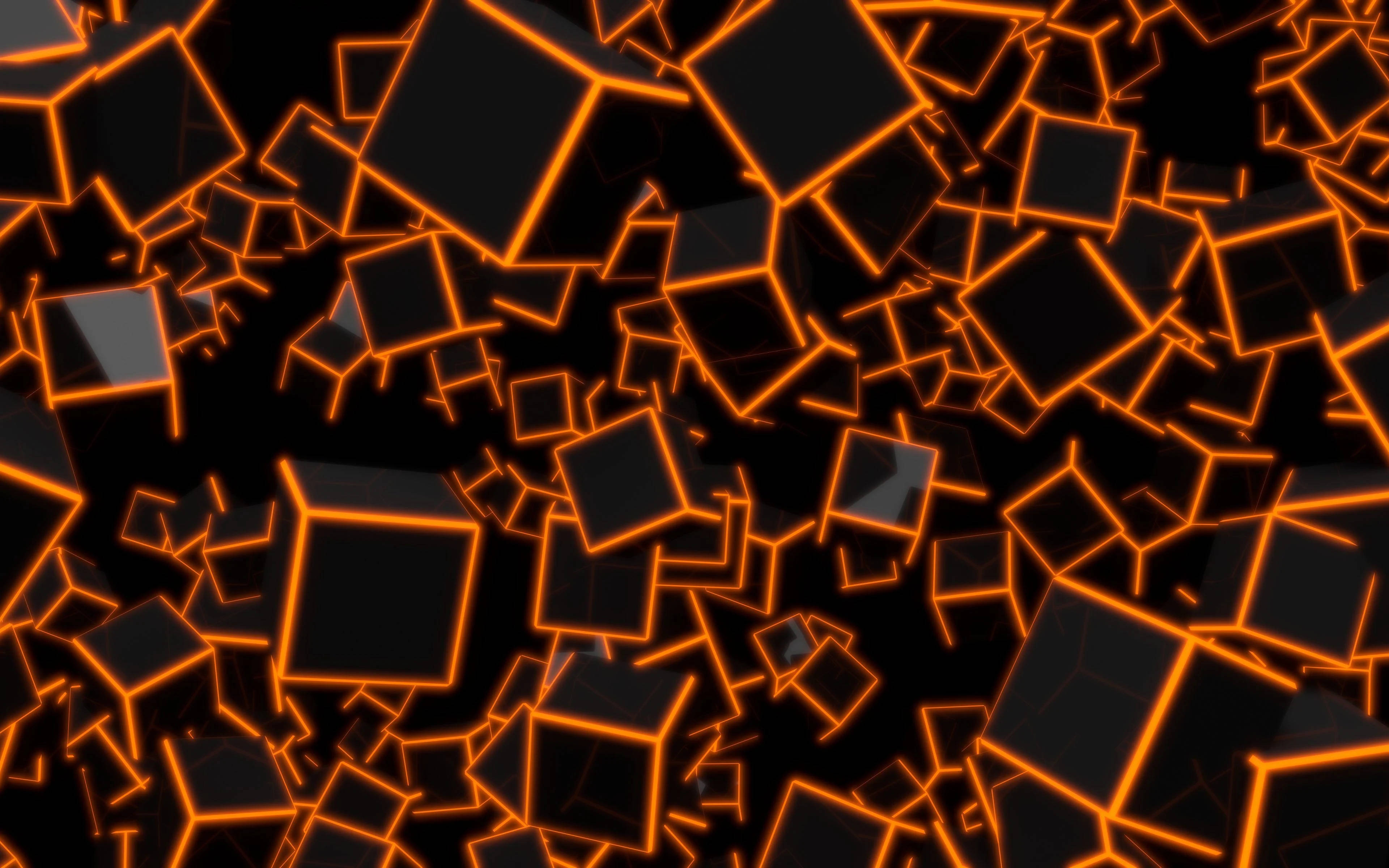 Neon Orange, tiny cubes, glowing orange edges, 4K Desktop Wallpaper