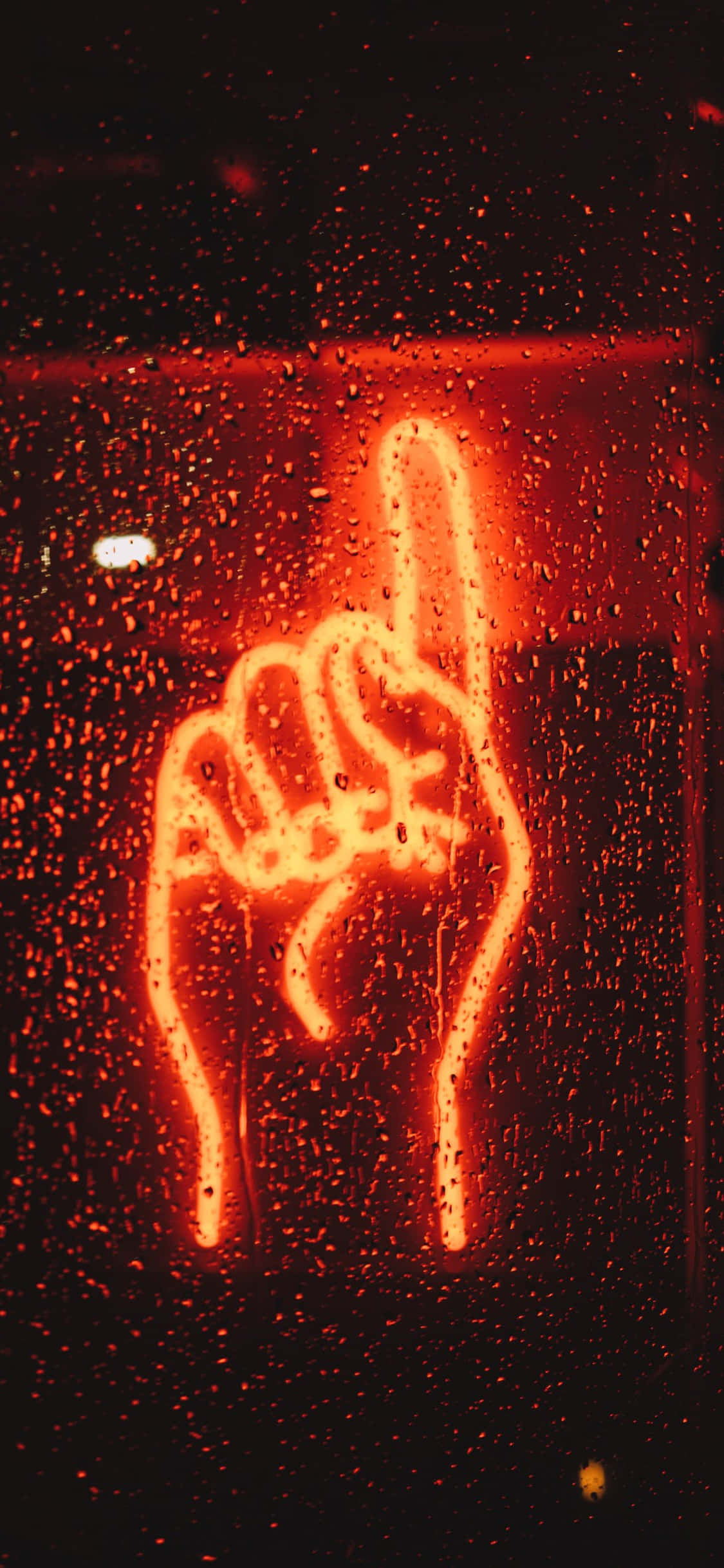 glowing orange neon hand sign, index finger raised, rain-speckled window, Full HD Phone Wallpaper