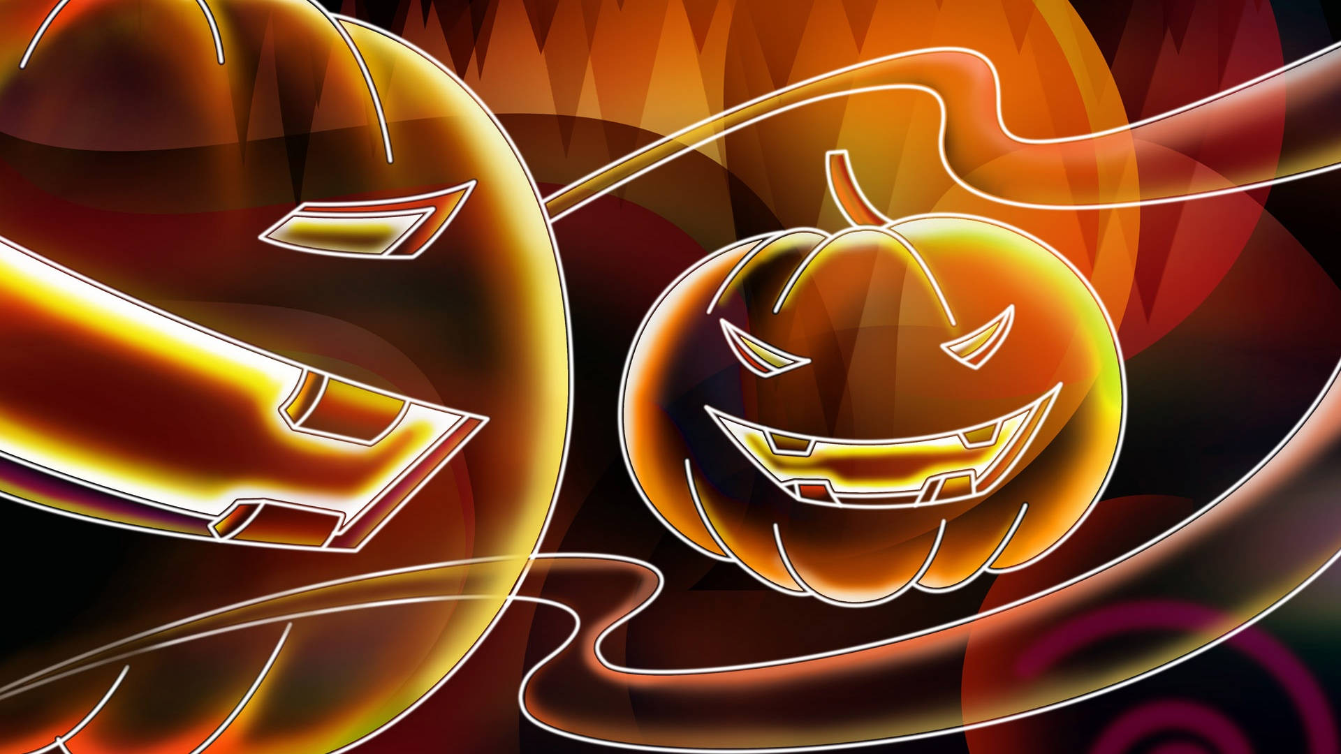 Neon Orange, Halloween Pumpkins, glowing jack-o-lanterns, Full HD Desktop Wallpaper