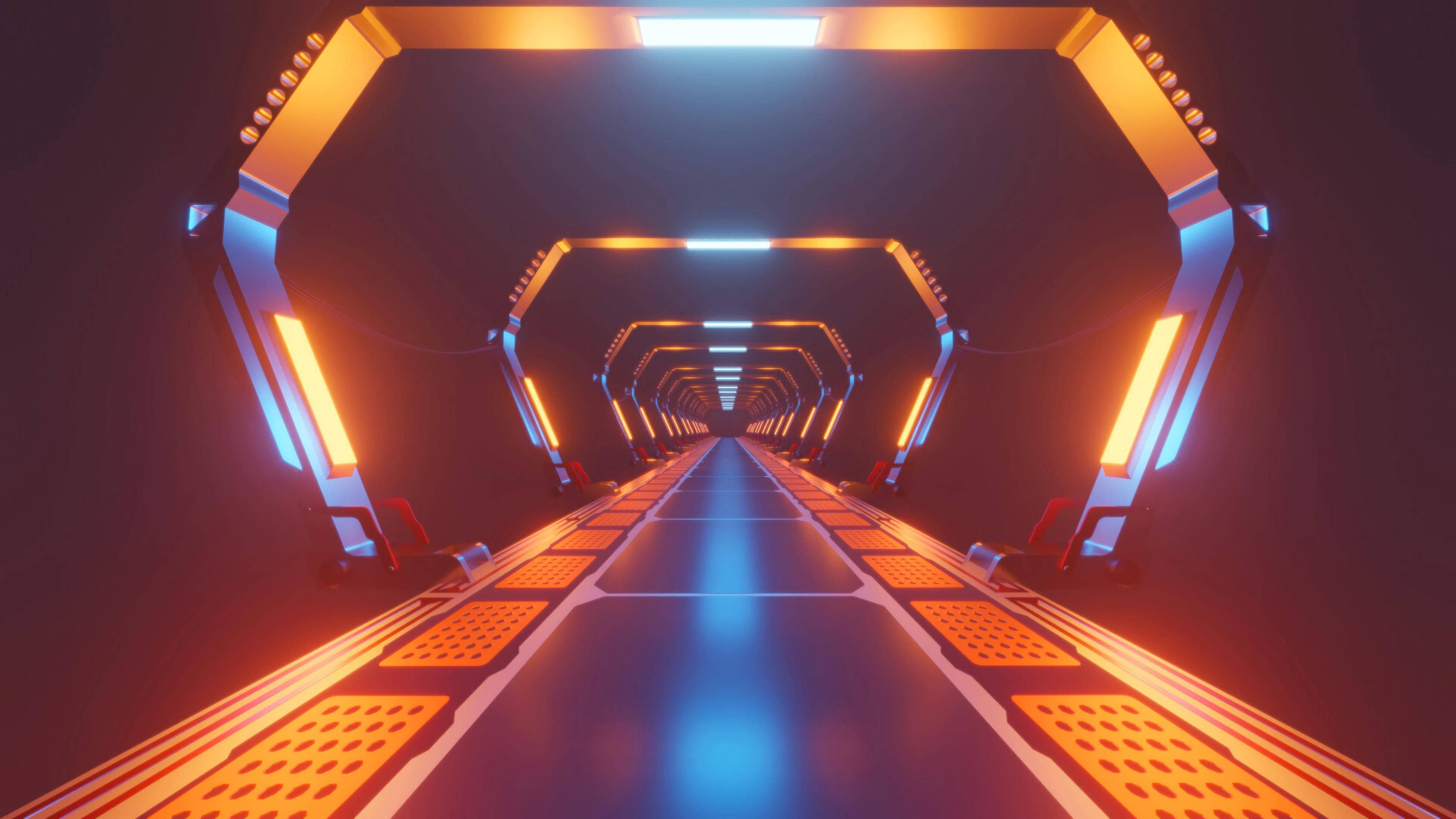 Neon Orange, Cool Blue, futuristic neon-lit tunnel, 4K Desktop Wallpaper