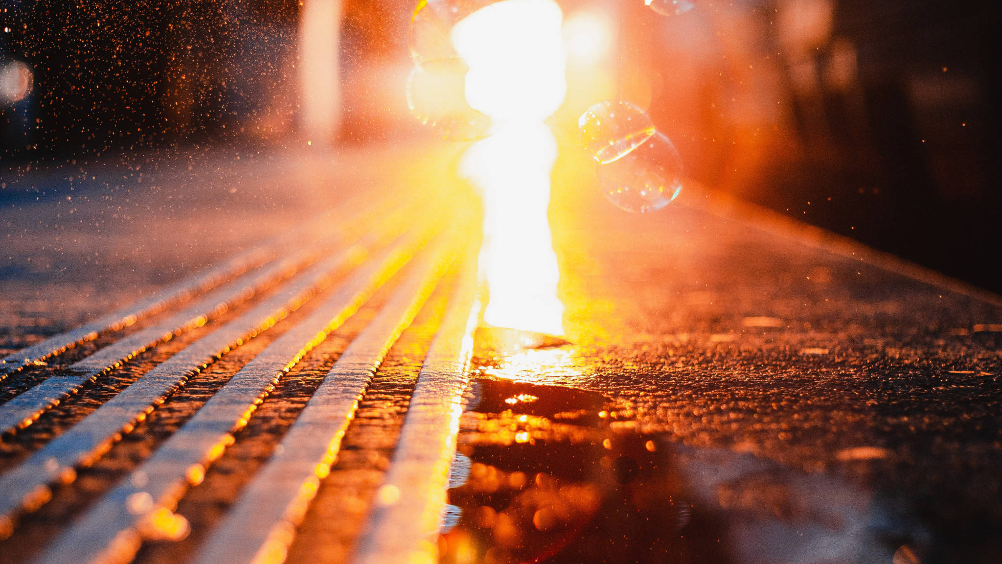 Neon Orange, sunlight reflection, wet pavement, Full HD Desktop Wallpaper