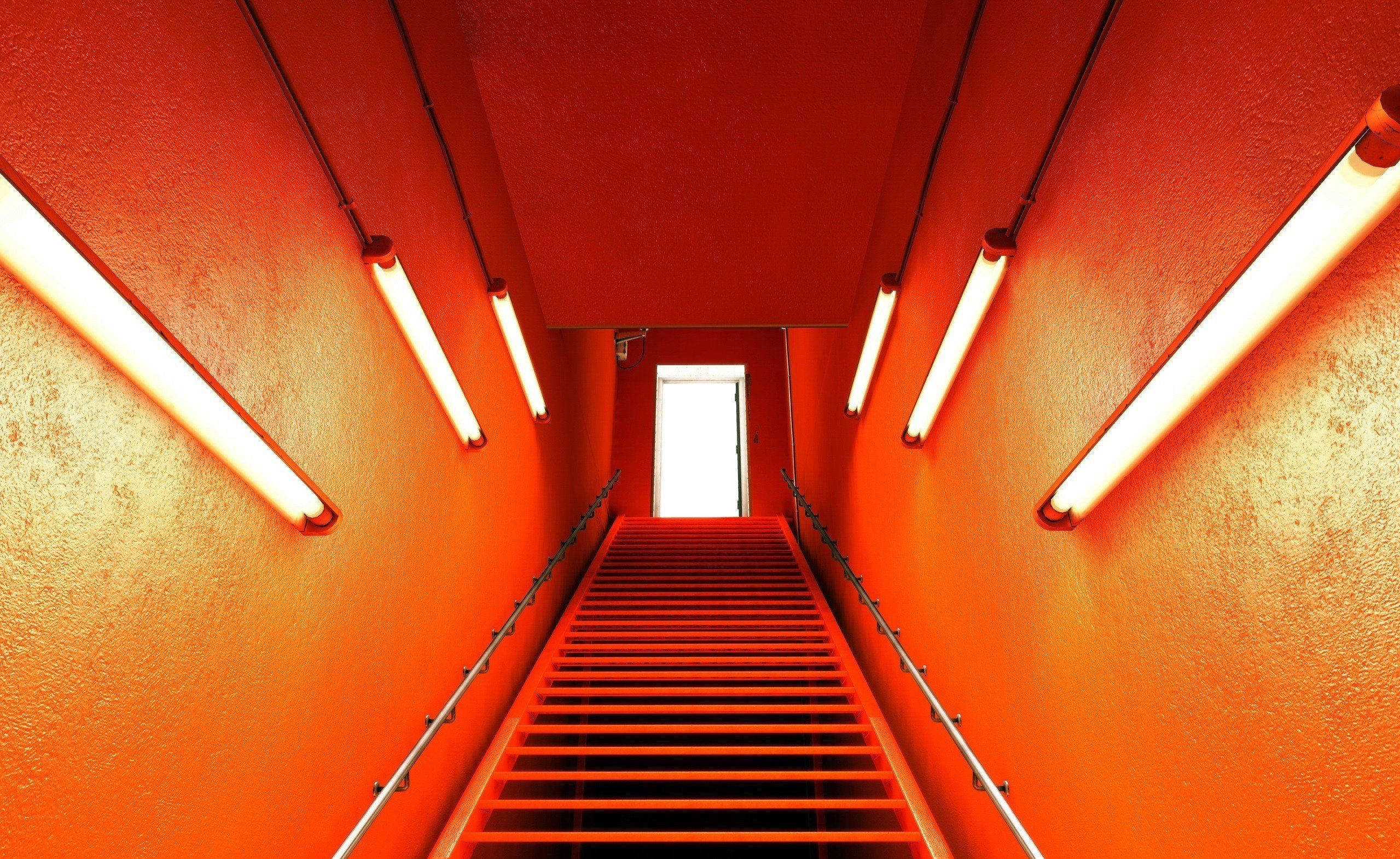 Neon Orange Stairs, vibrant orange walls, fluorescent lights, Full HD Desktop Wallpaper