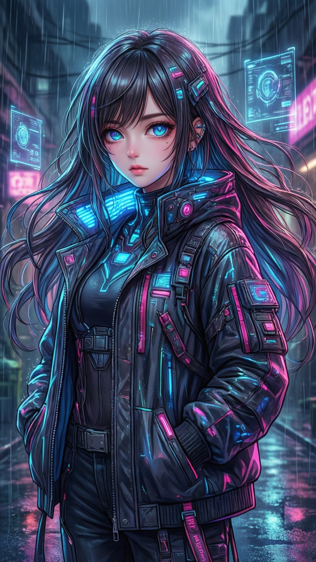 cyberpunk anime girl, neon-lit, glowing eyes, Full HD Phone Wallpaper