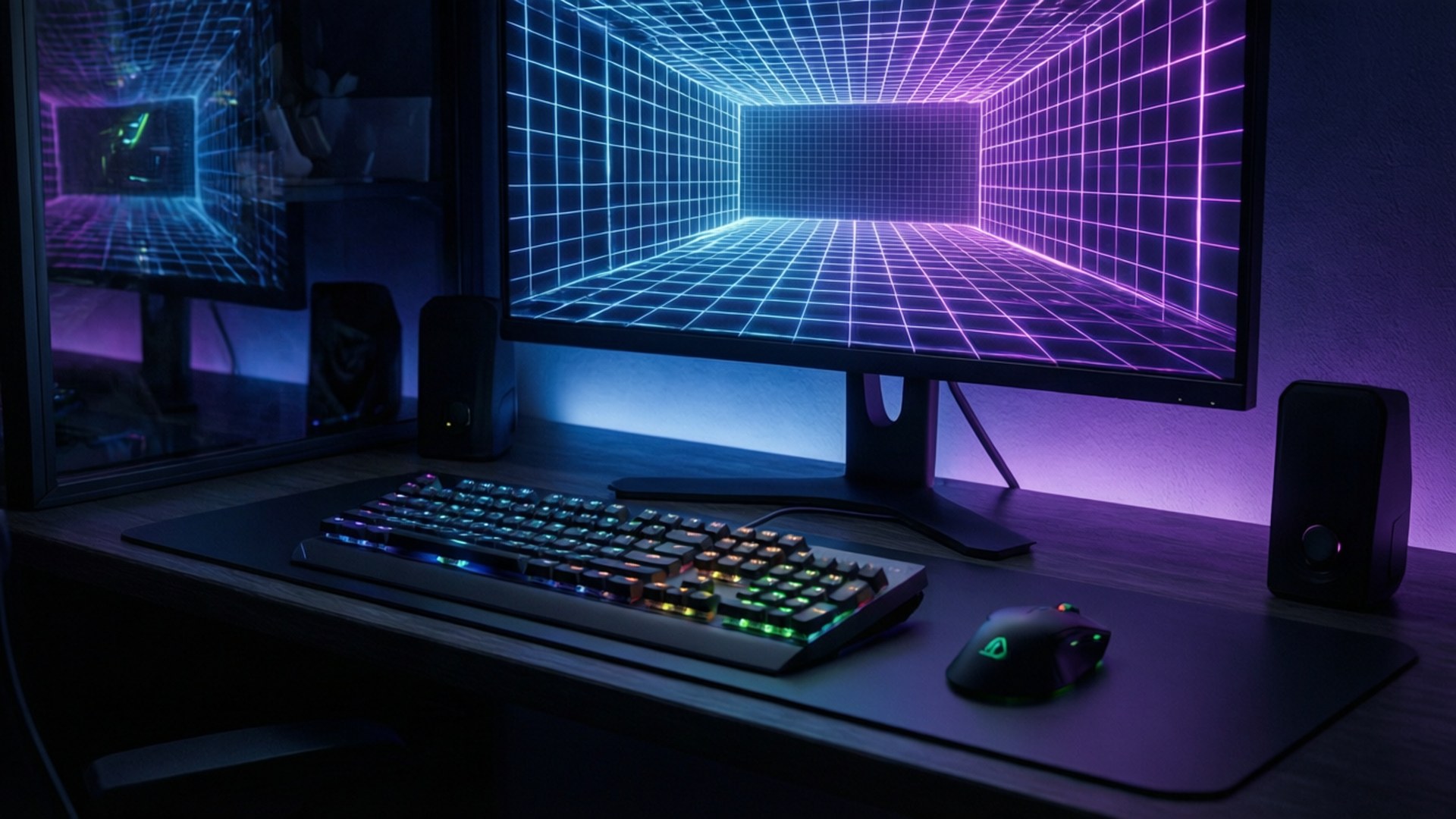 neon blue, neon purple, RGB peripherals, Full HD Desktop Wallpaper