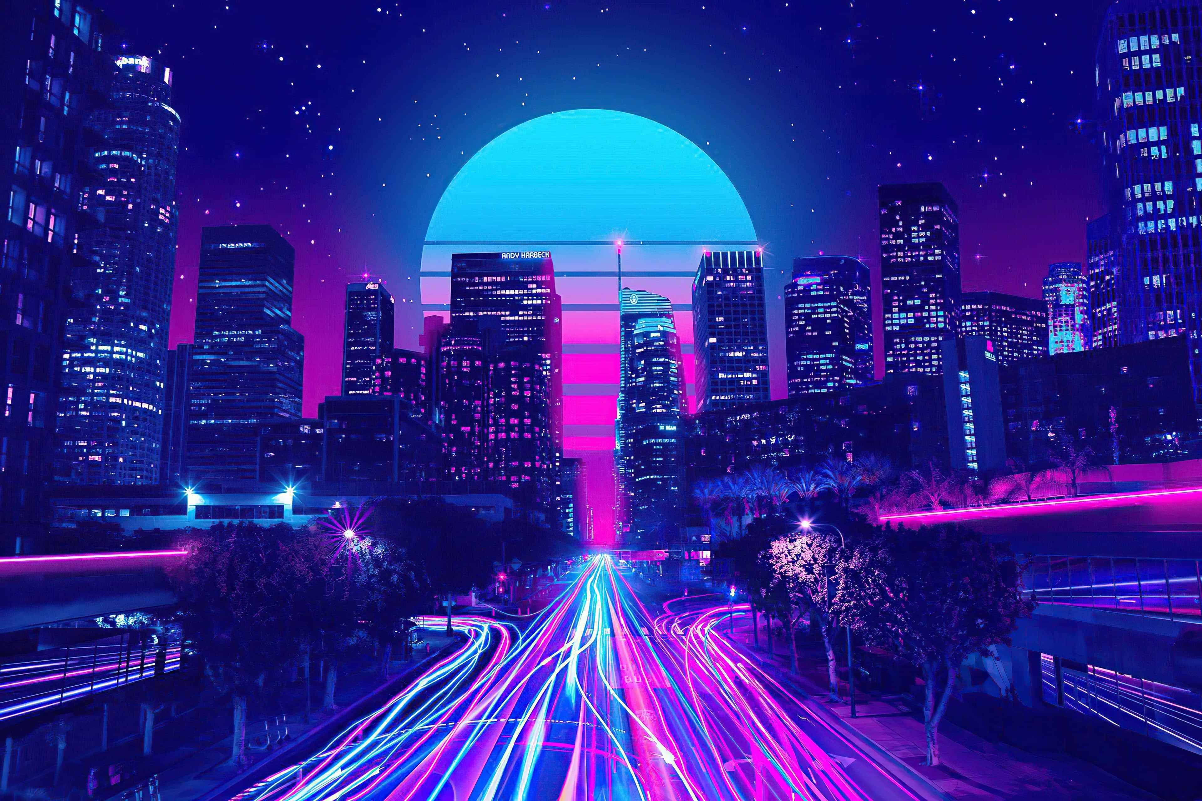Neon Cityscape, futuristic cityscape, night, 4K Desktop Wallpaper