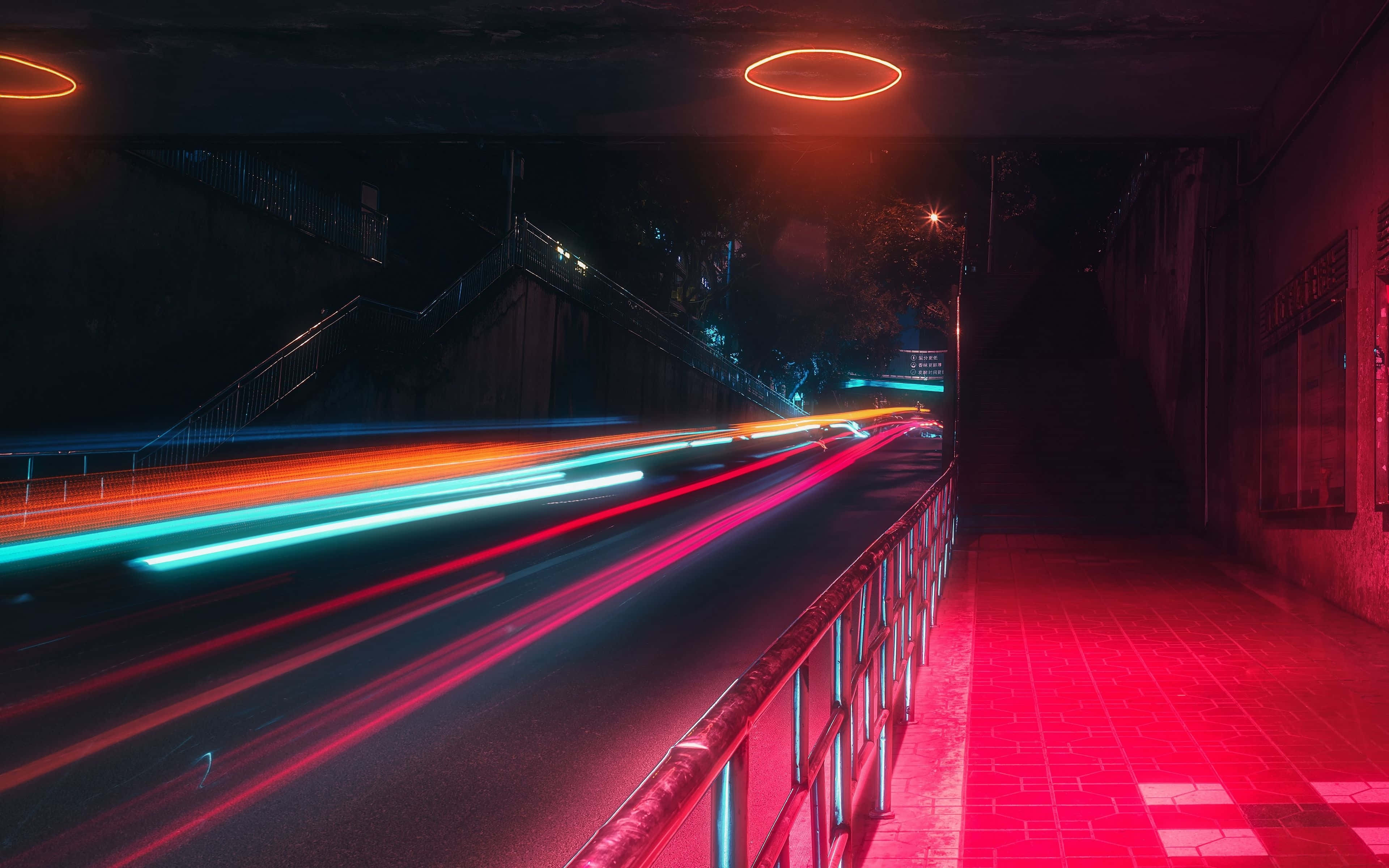 Neon Night Cityscape, long exposure, dark urban underpass, 4K Desktop Wallpaper