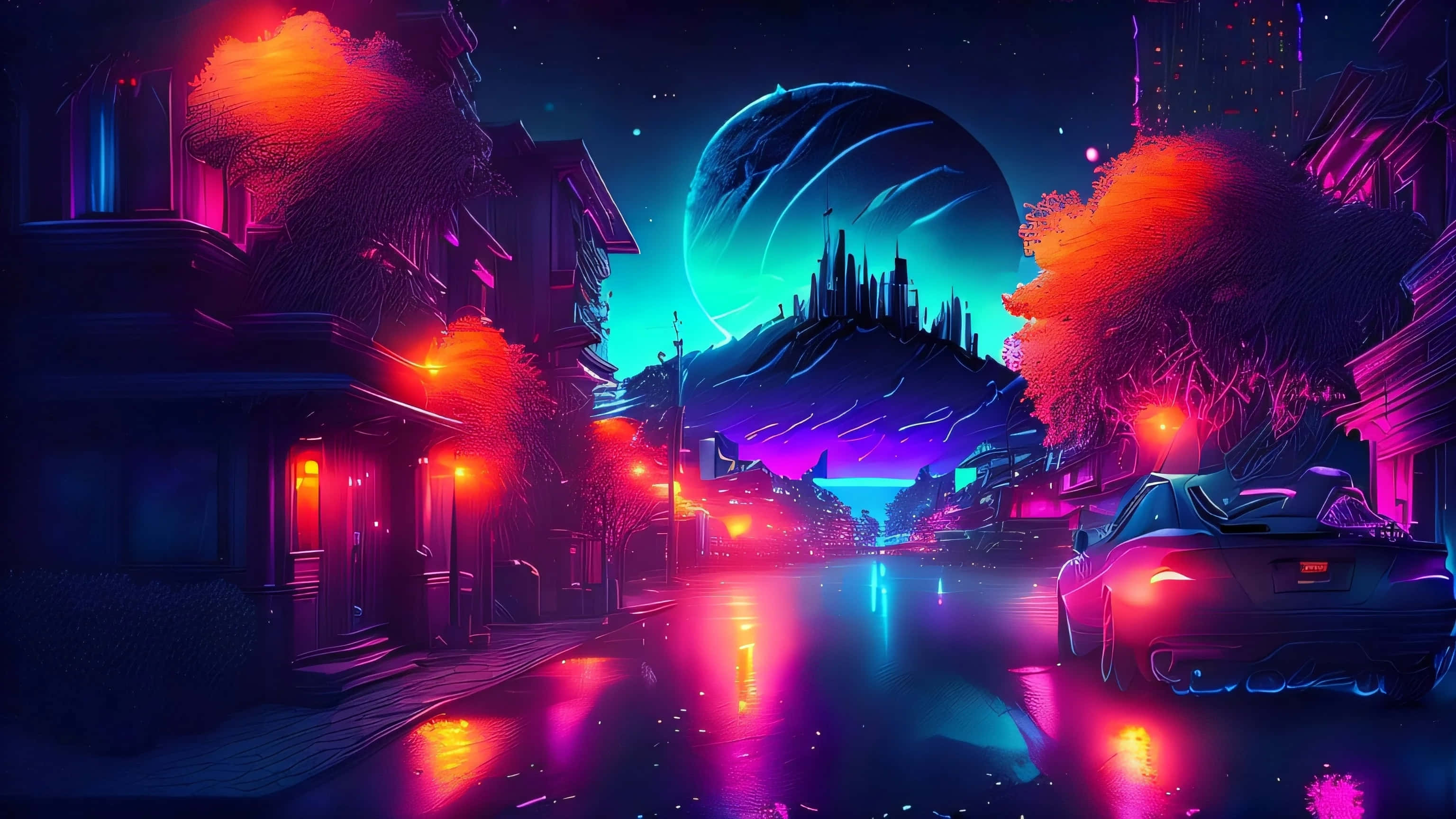 Neon Cityscape, cyberpunk street, glowing trees, 2K Desktop Wallpaper