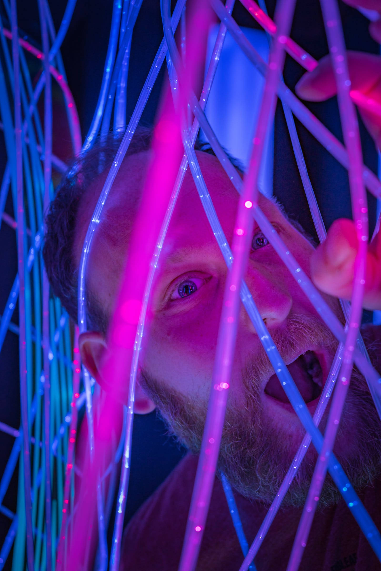 Neon iPhone, beard, glowing pink and blue fiber optic strands, Full HD Phone Wallpaper