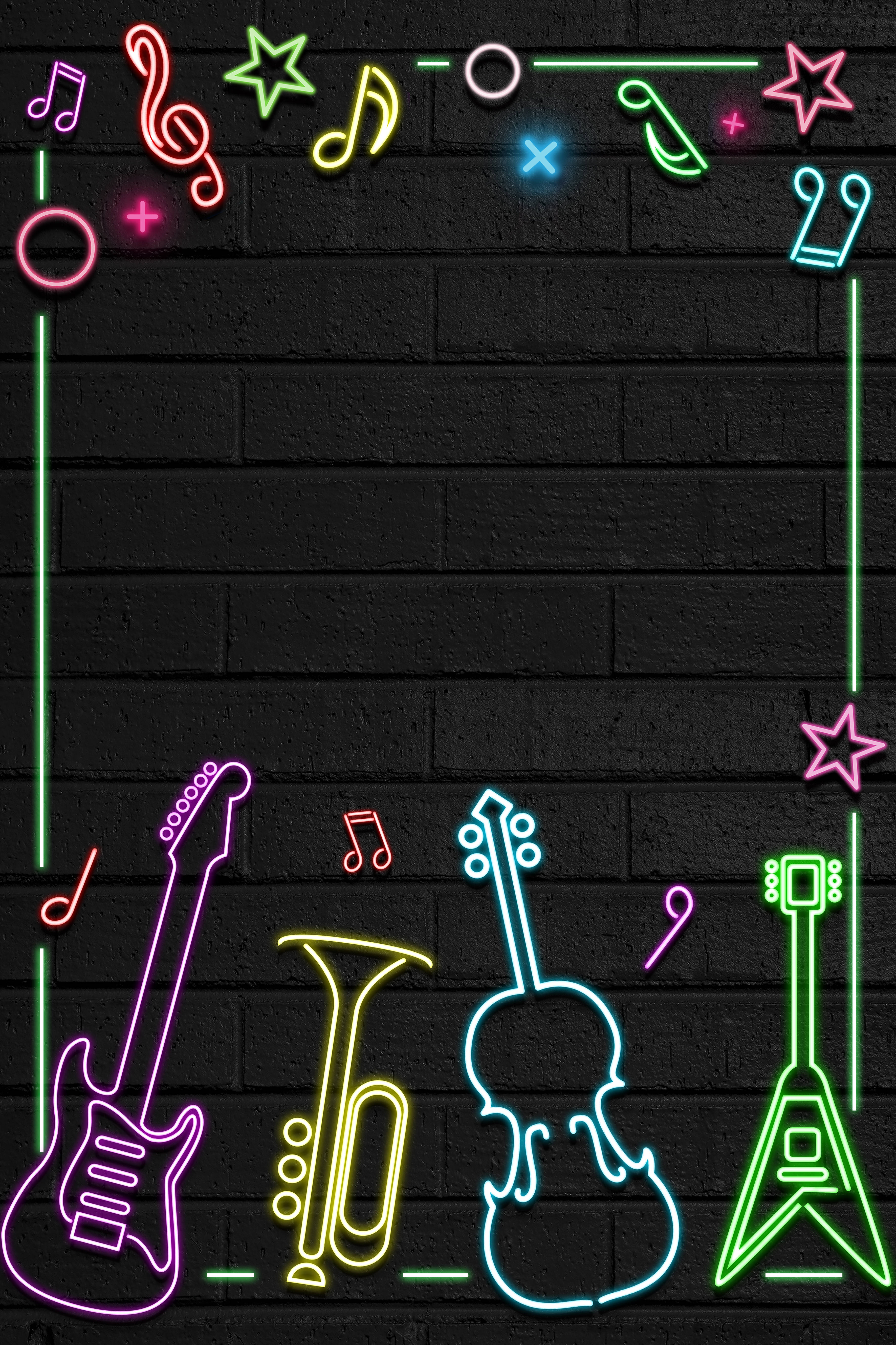 Musical Neon Phone, neon outlines, musical instruments, 5K Phone Wallpaper