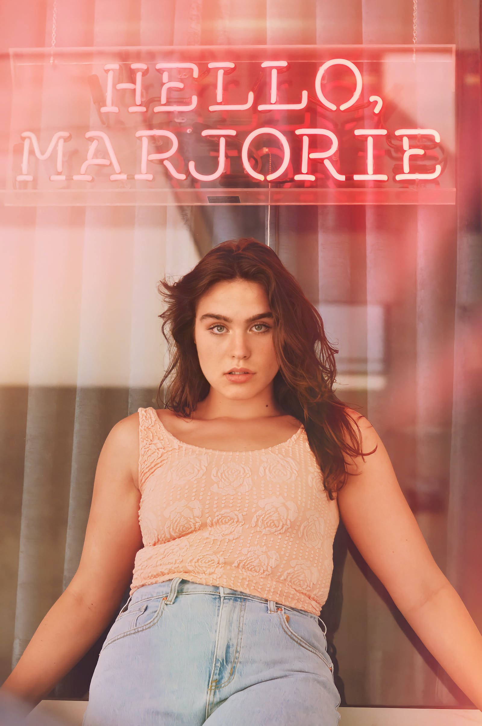 Hello Marjorie, neon sign, glowing pink neon, Full HD Phone Wallpaper