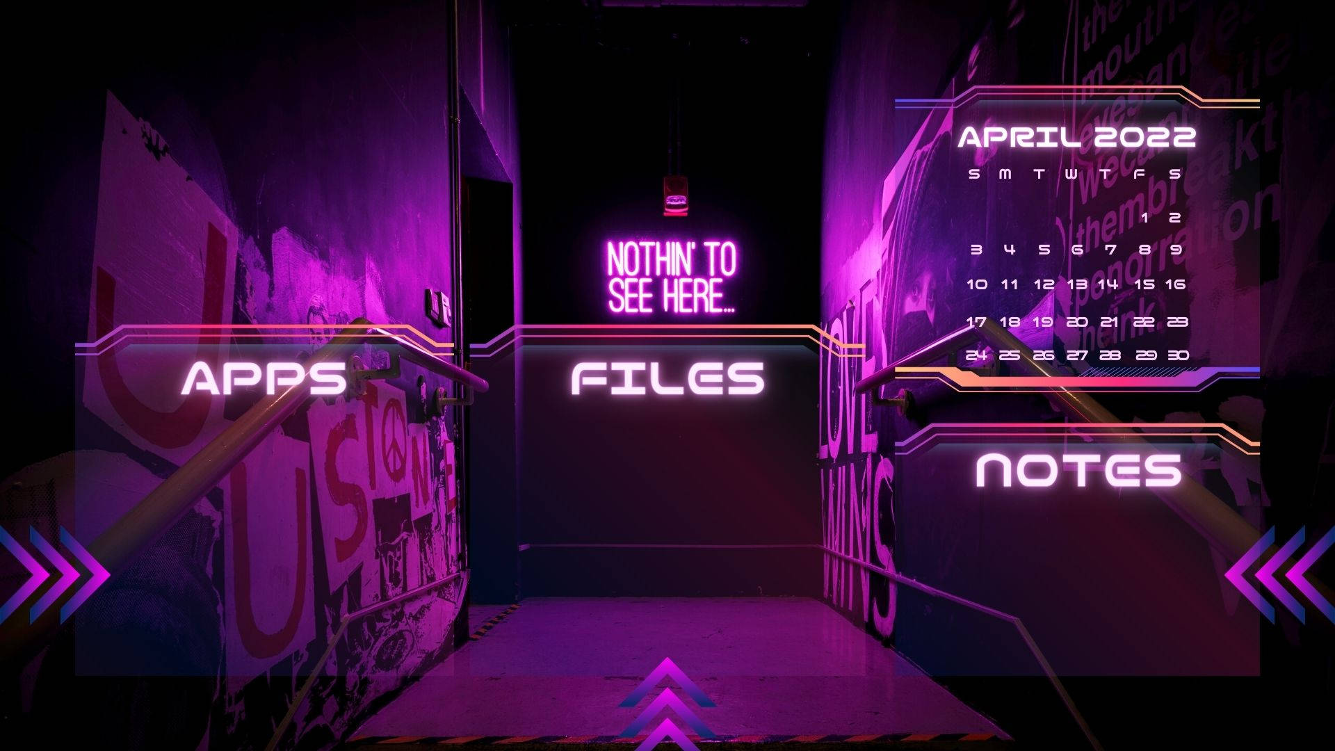 neon-lit digital interface hallway, glowing signs for apps files notes and a calendar, cyberpunk style, Full HD Desktop Wallpaper