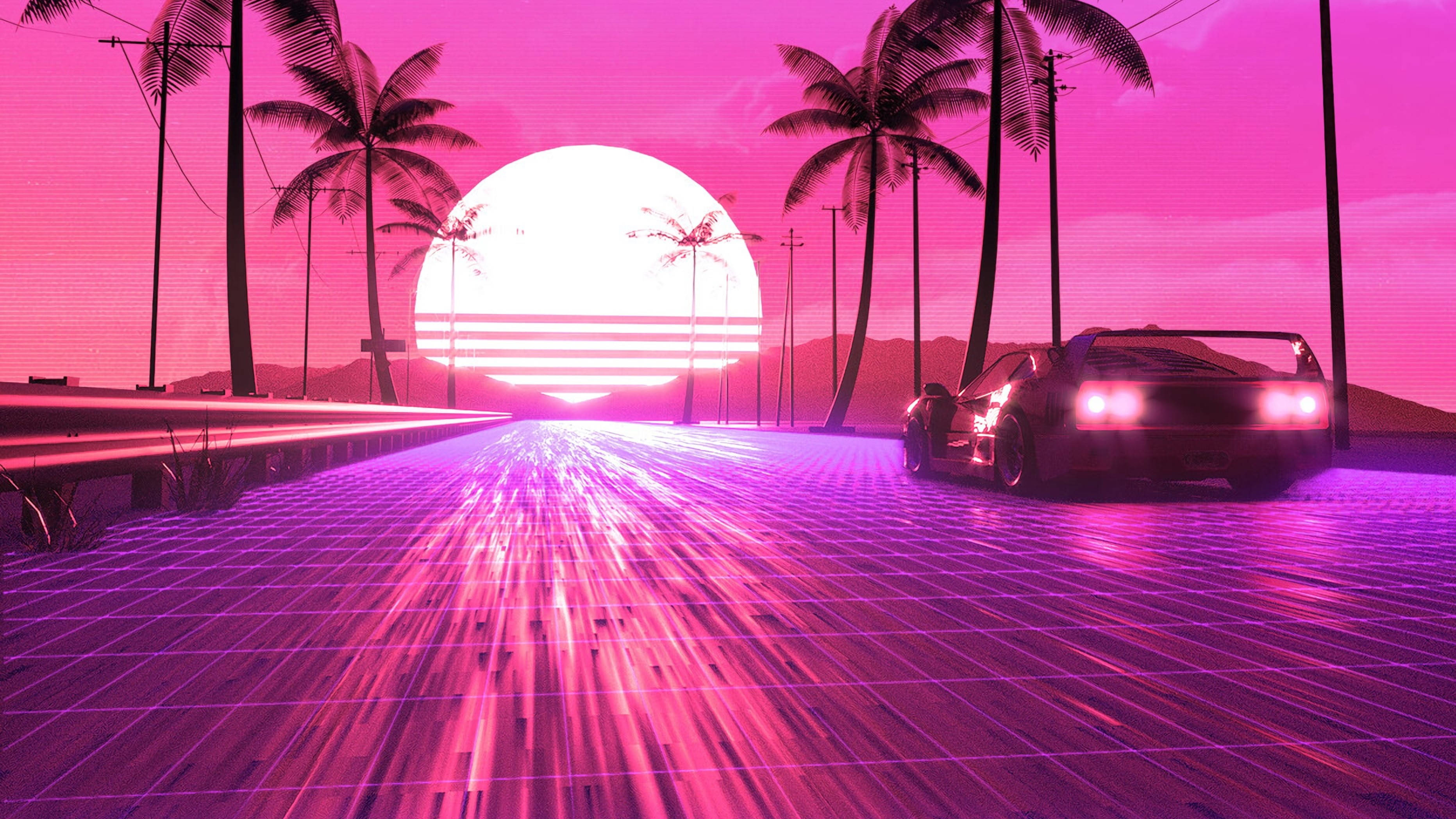 Neon Pink Aesthetic, sunset road, neon pink sports car, 2K Desktop Wallpaper