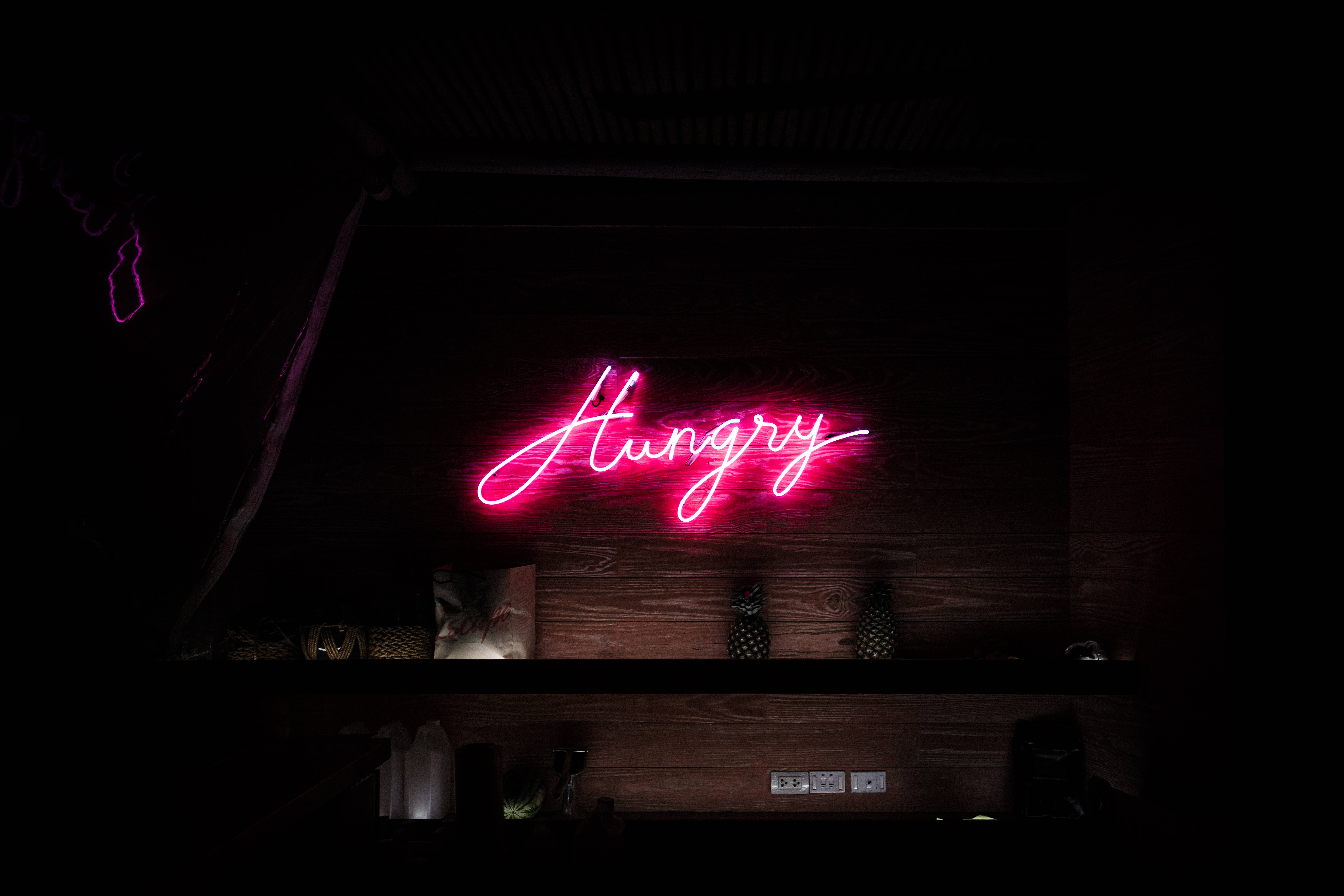 Hungry, neon sign, glowing pink neon, 5K Desktop Wallpaper