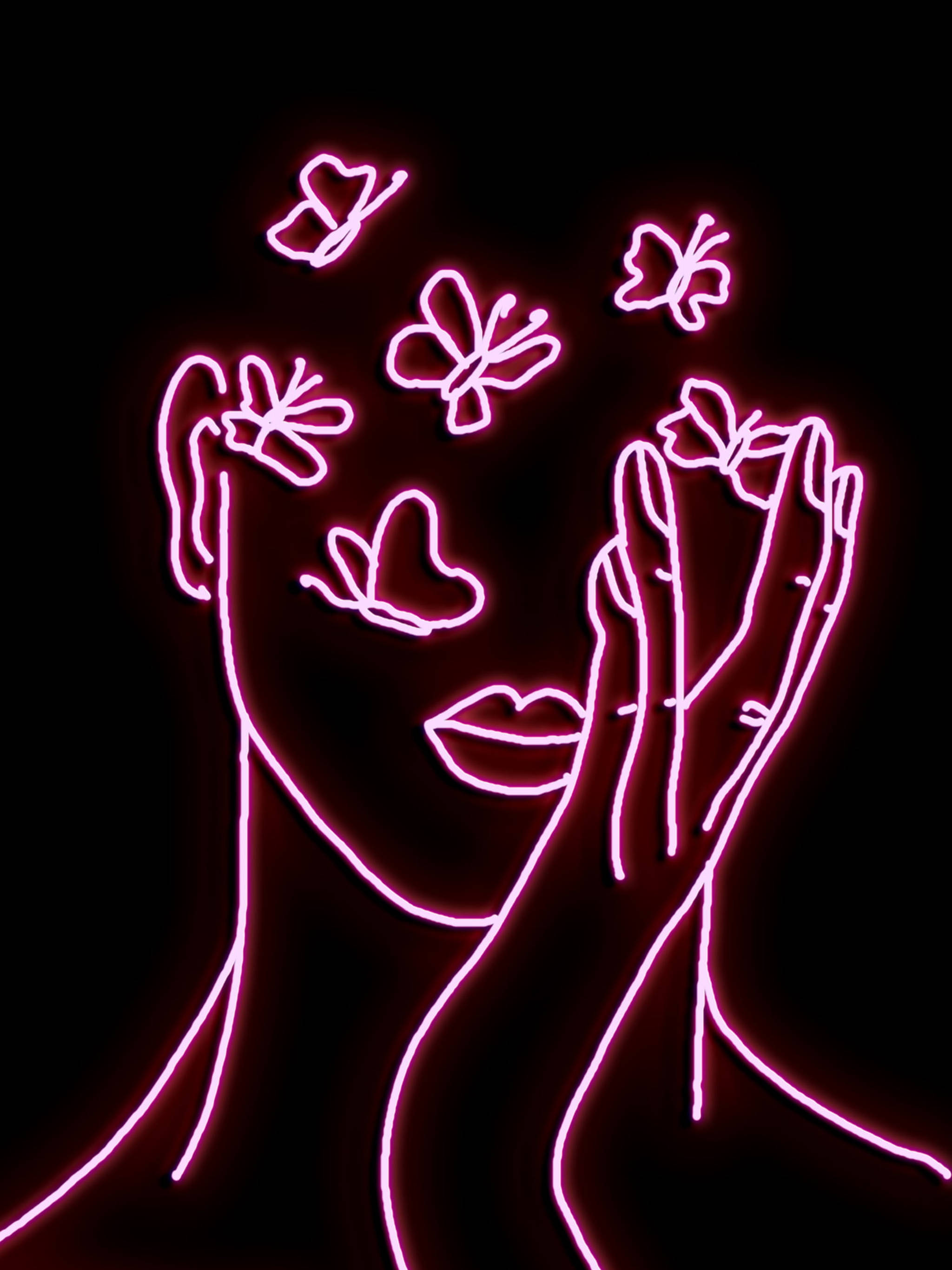 Neon Pink Aesthetic, femme butterflies, glowing pink neon outline, 2K Phone Wallpaper