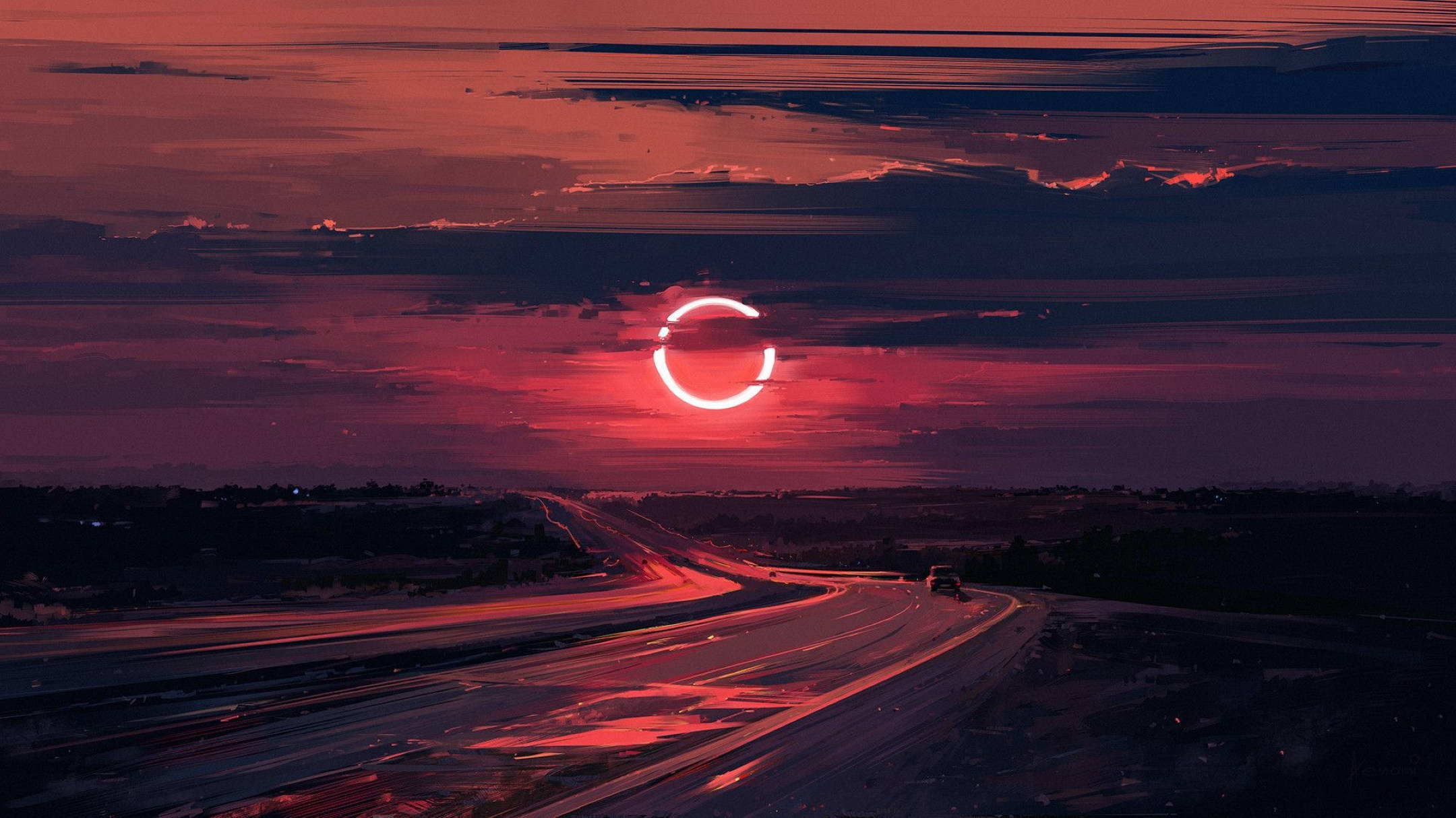 Neon Pink Aesthetic, eclipse, winding highway, Full HD Desktop Wallpaper