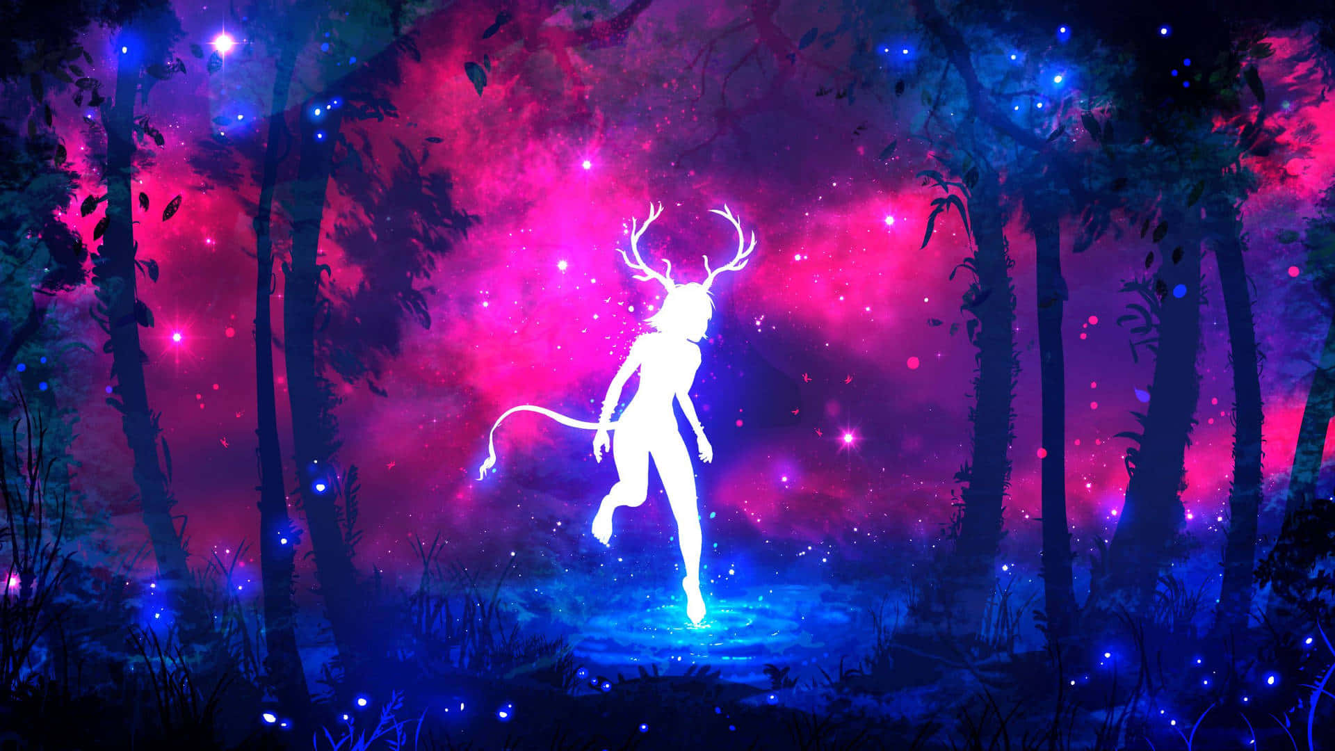blue and pink aesthetic neon, Neon vibes in blue and pink, glowing white deer-headed figure, Full HD Desktop Wallpaper