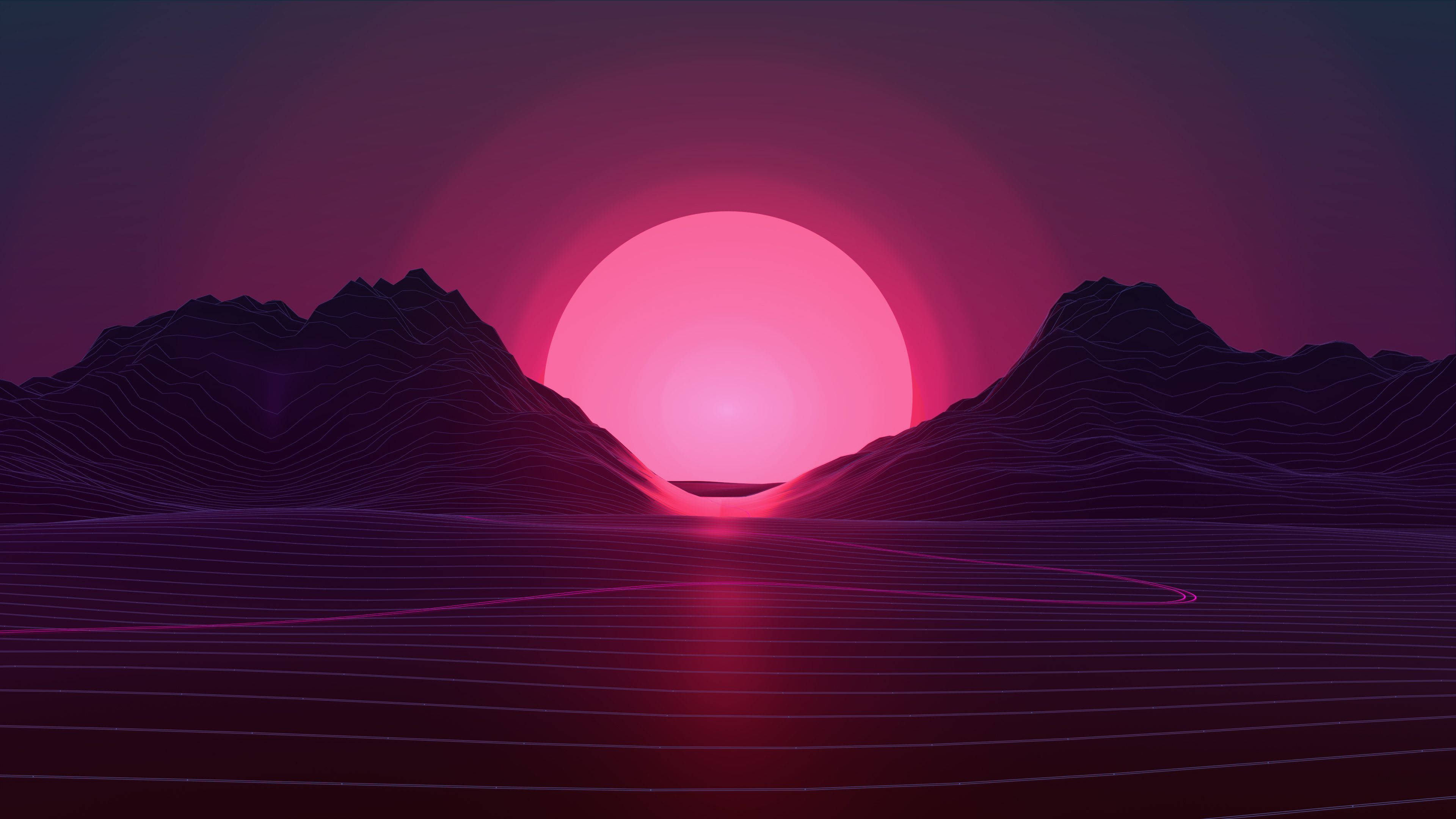 Neon Pink, sun rising, purple mountains, 4K Desktop Wallpaper