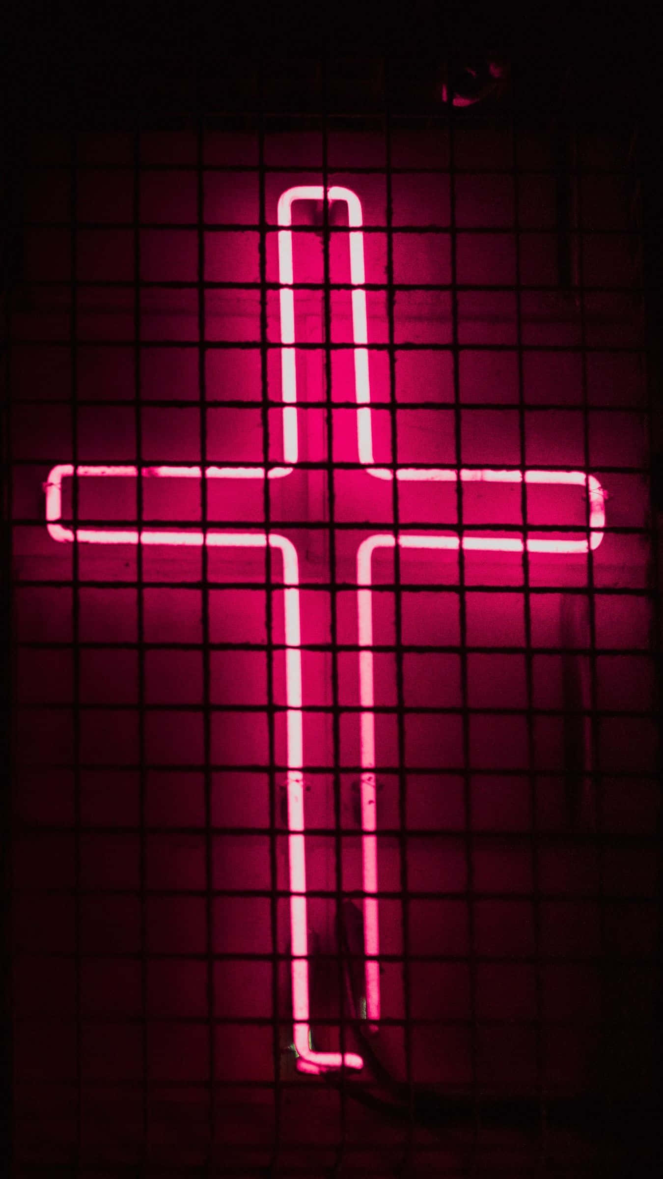 cross, neon pink, black grid fence, Full HD Phone Wallpaper