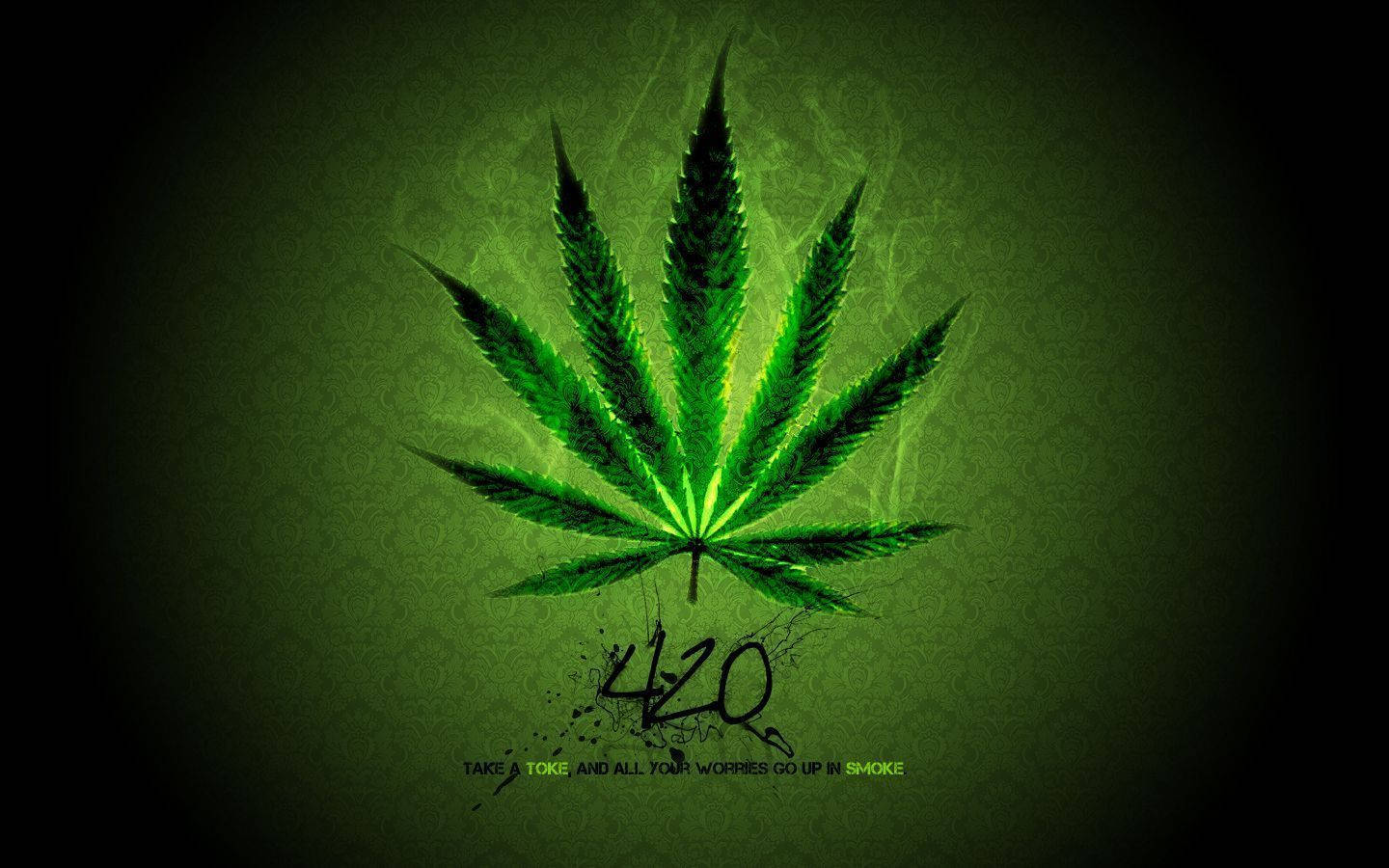 glowing green cannabis leaf, dark textured background, smoke effects, HD Desktop Wallpaper