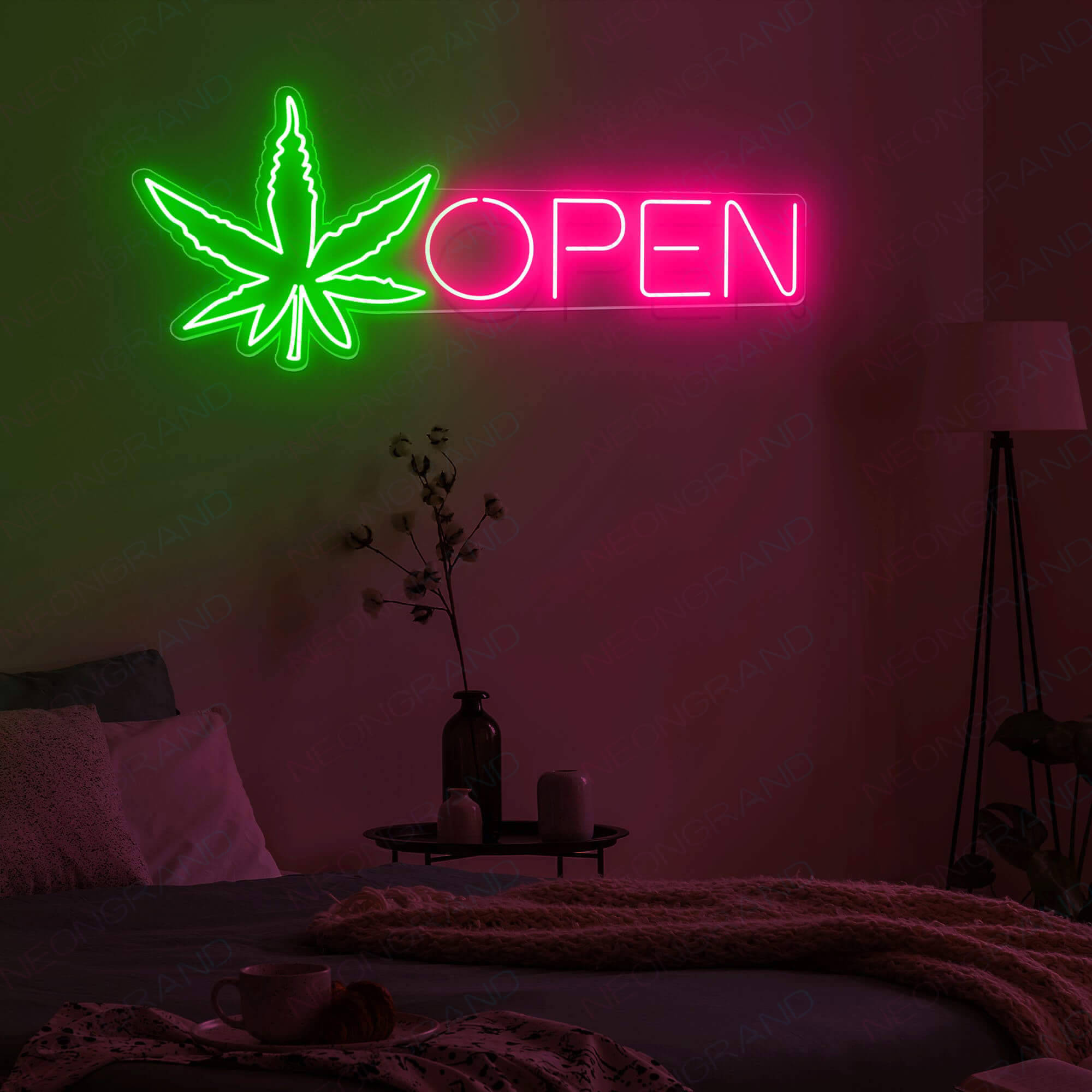 neon sign, green cannabis leaf, pink open text, Full HD Desktop Wallpaper