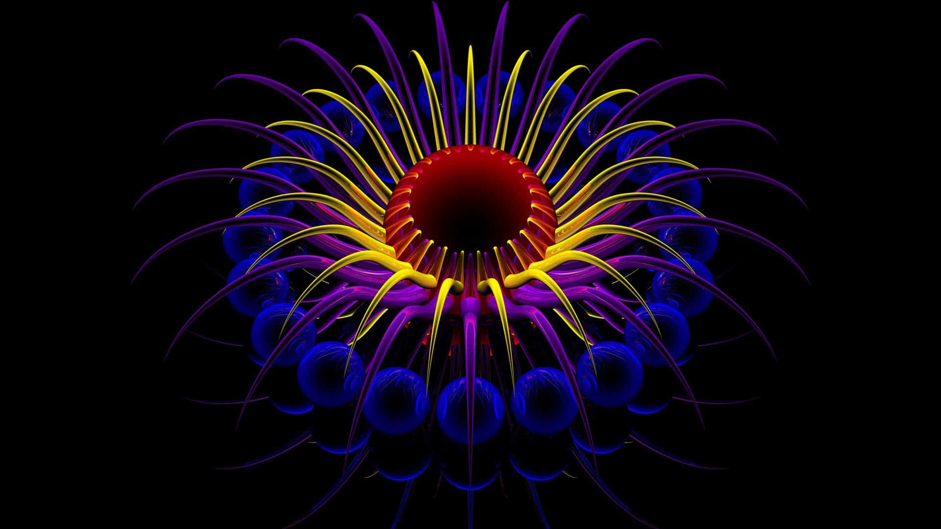 neon flower, red core, yellow petals, Full HD Desktop Wallpaper