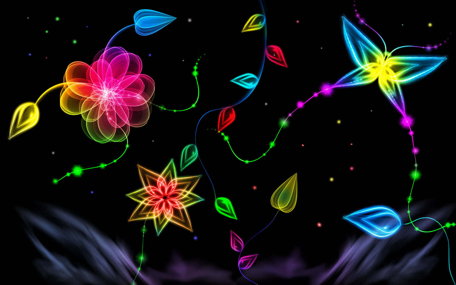 neon flowers, neon leaves, dark cosmic background, HD Desktop Wallpaper
