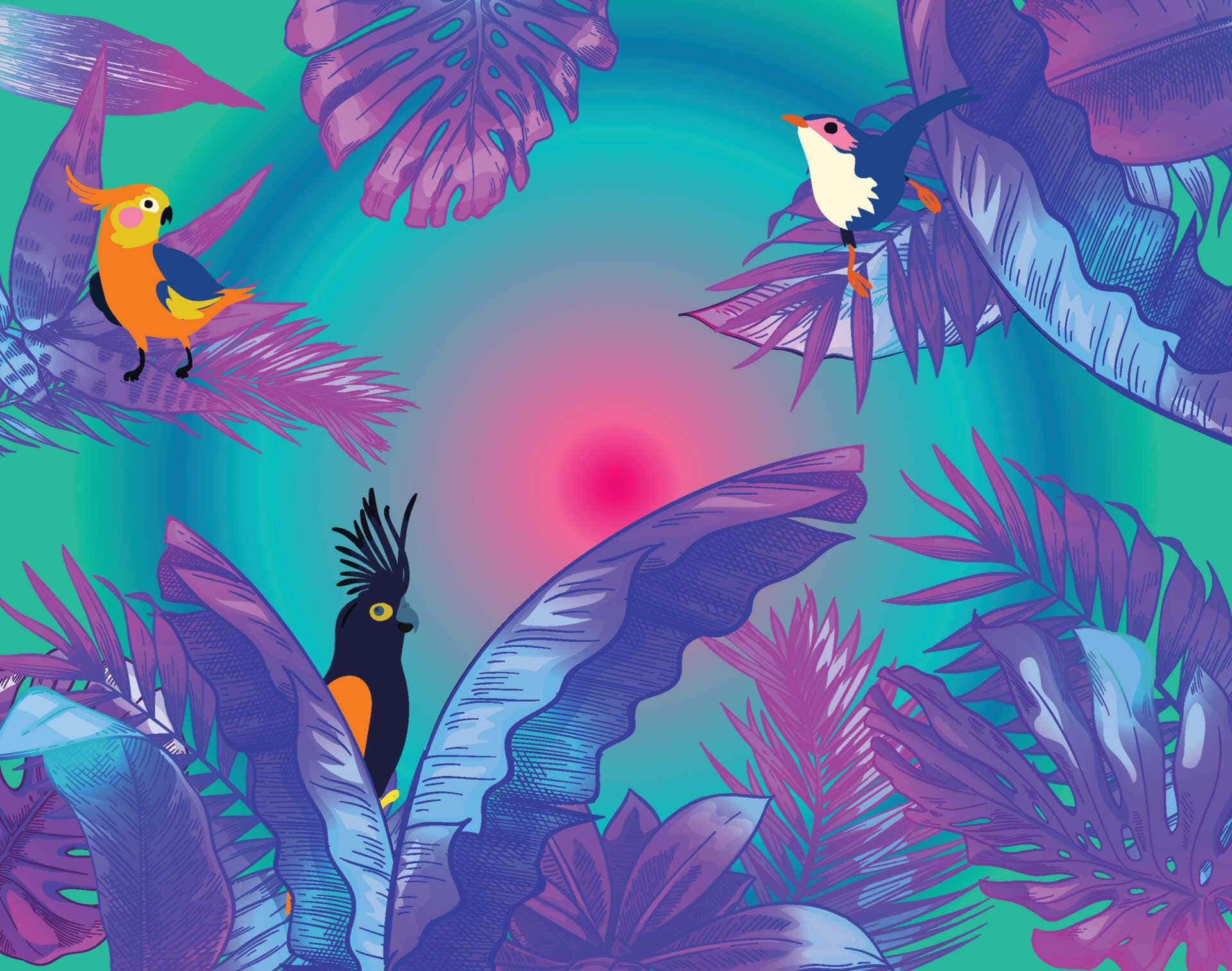 Neon Jungle Birds Illustration, purple and teal foliage, glowing pink and blue gradient sky, Full HD Desktop Wallpaper
