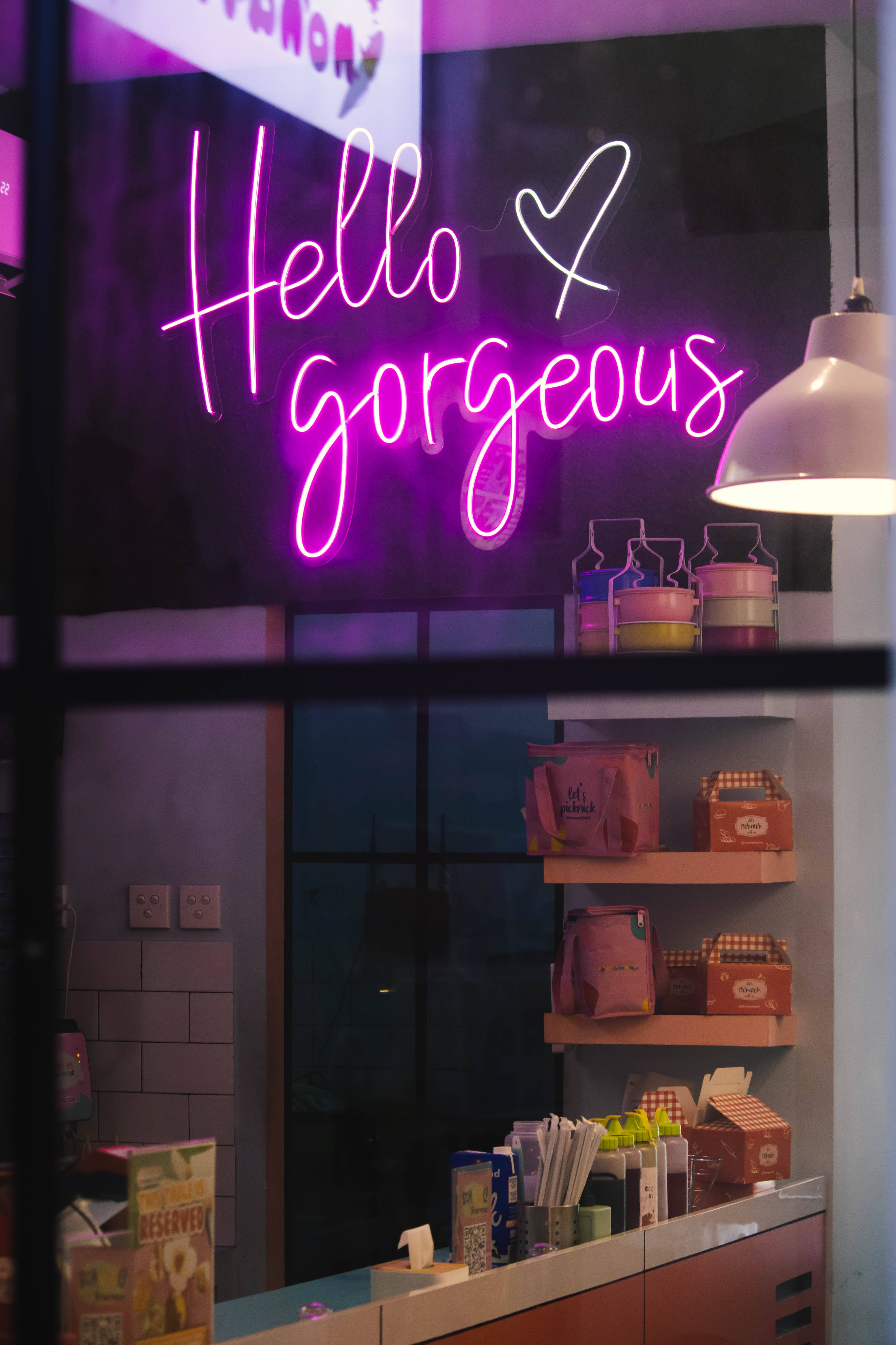 Hello gorgeous, neon purple, cafe, 5K Phone Wallpaper