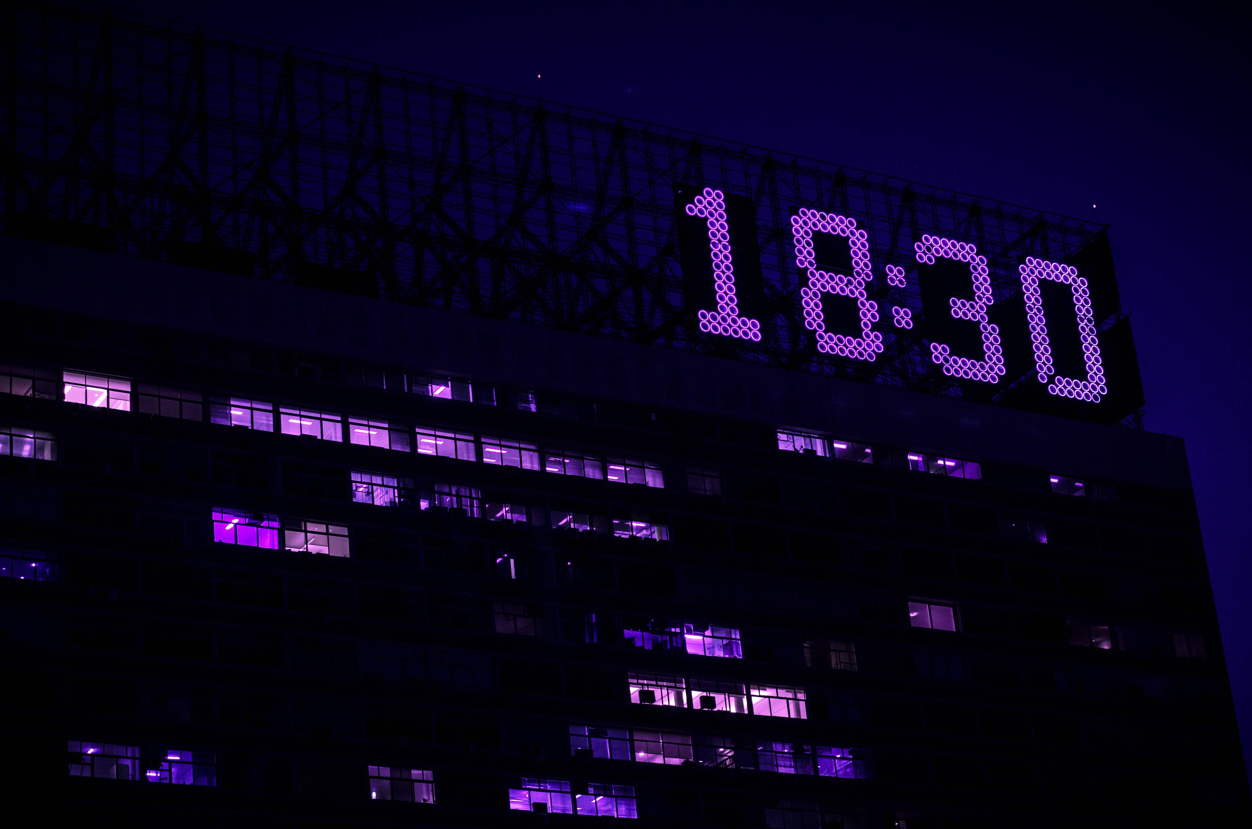 Neon Purple iPhone, building clock, purple digital clock, 4K Desktop Wallpaper