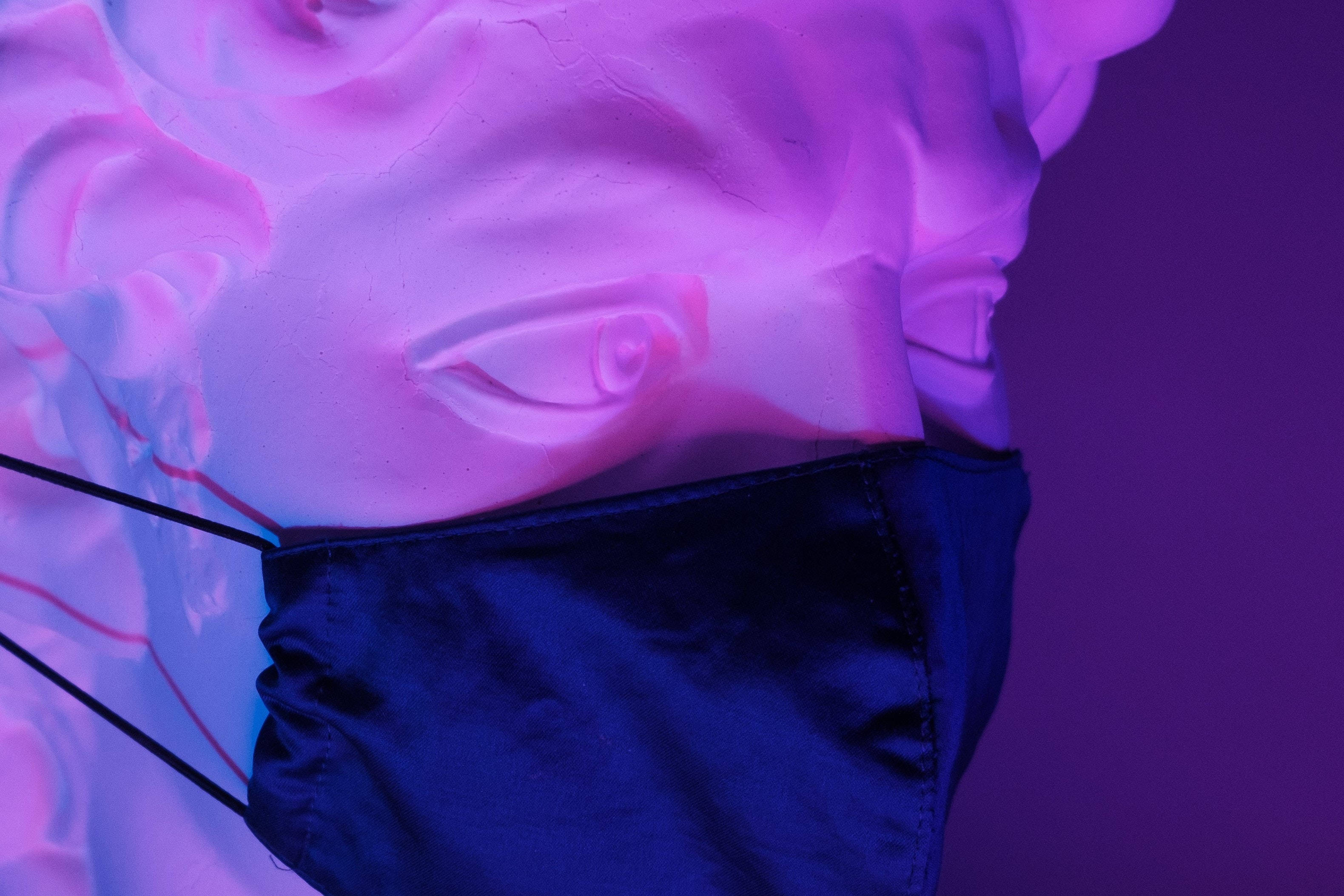 Neon Purple iPhone, marble statue head, dark blue face mask, 2K Desktop Wallpaper