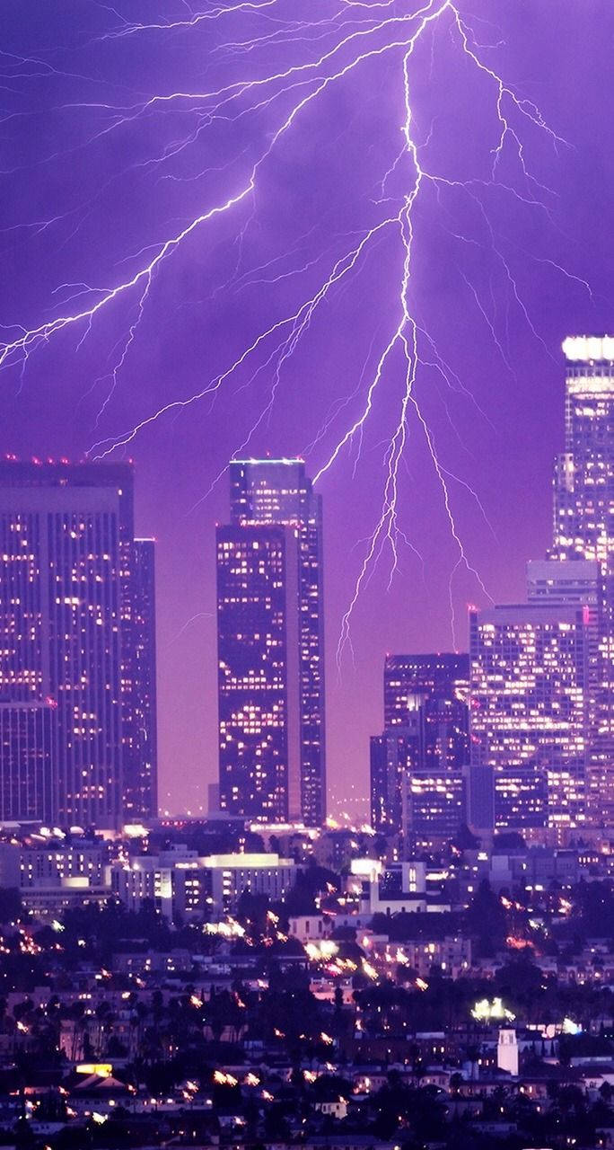 Neon Purple iPhone, lightning bolt, city skyline, HD Phone Wallpaper