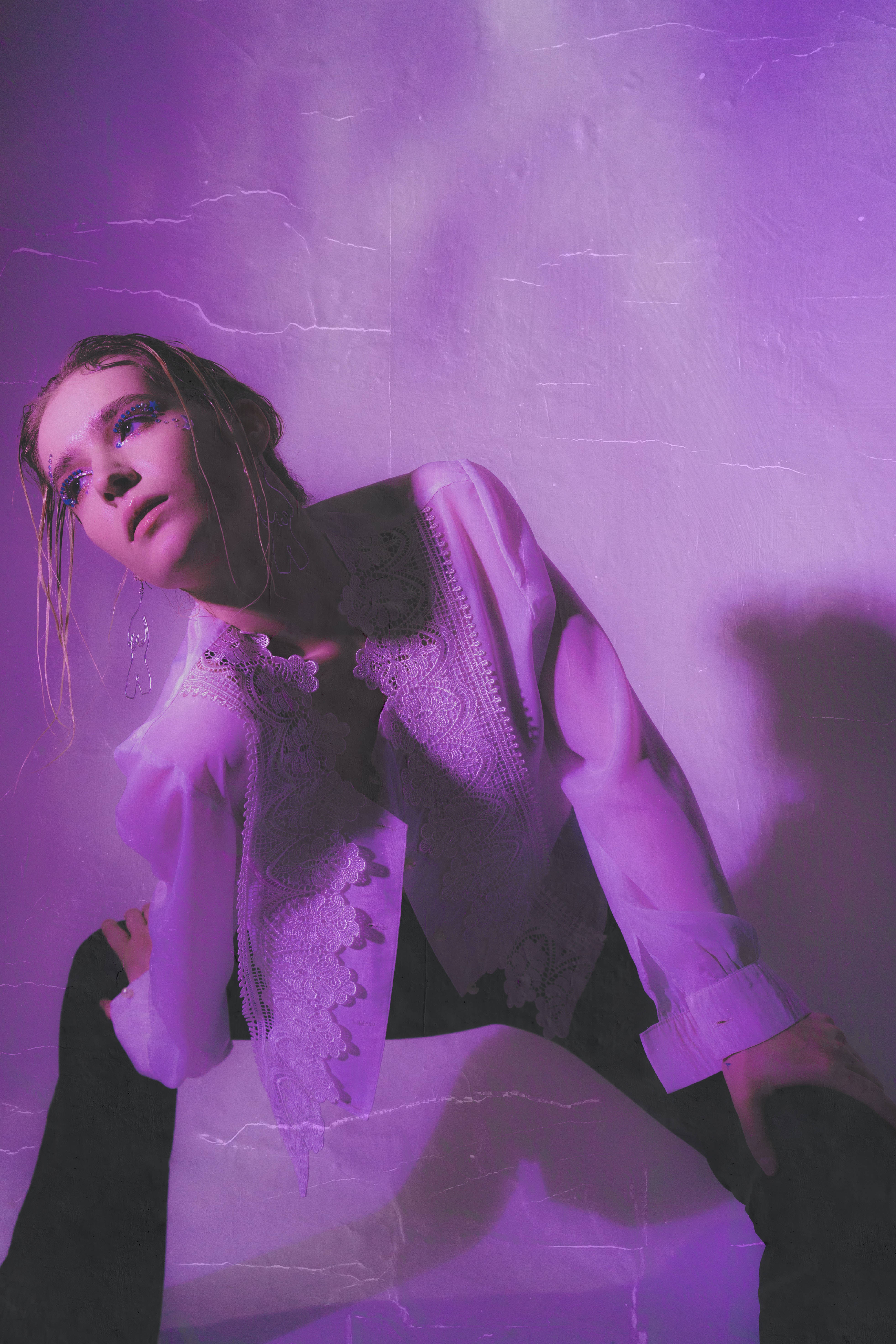 Neon Purple iPhone, wet hair, purple makeup, 5K Phone Wallpaper