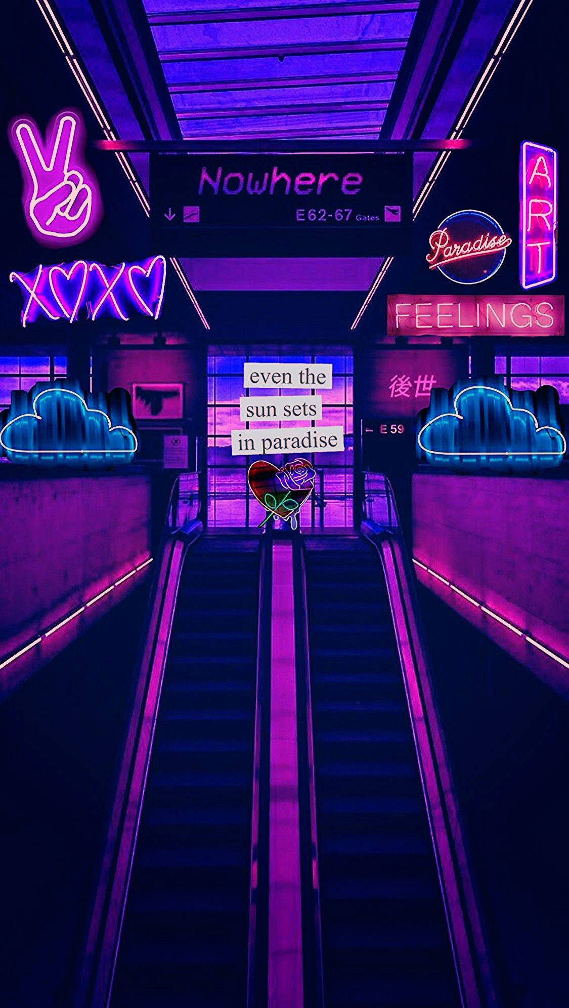 Neon Purple iPhone, train station, neon-lit escalator, Full HD Phone Wallpaper