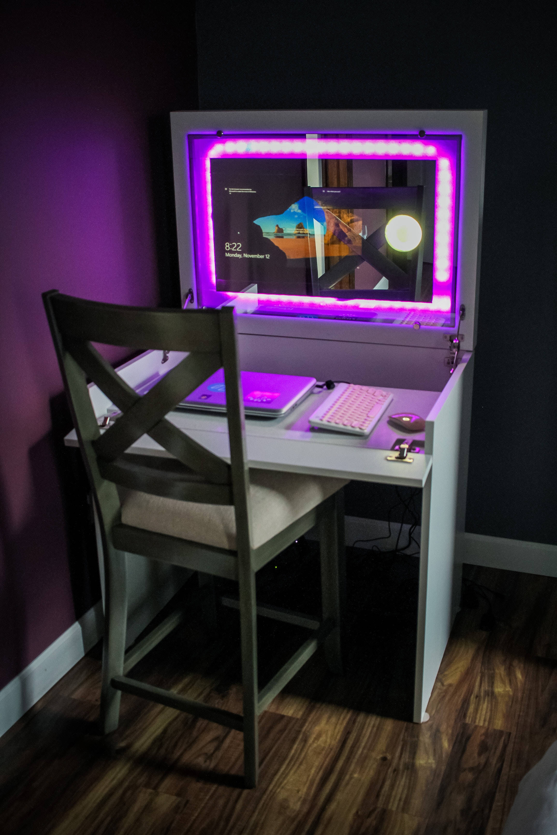 Neon Purple iPhone, white desk, purple LED lighting, 2K Phone Wallpaper