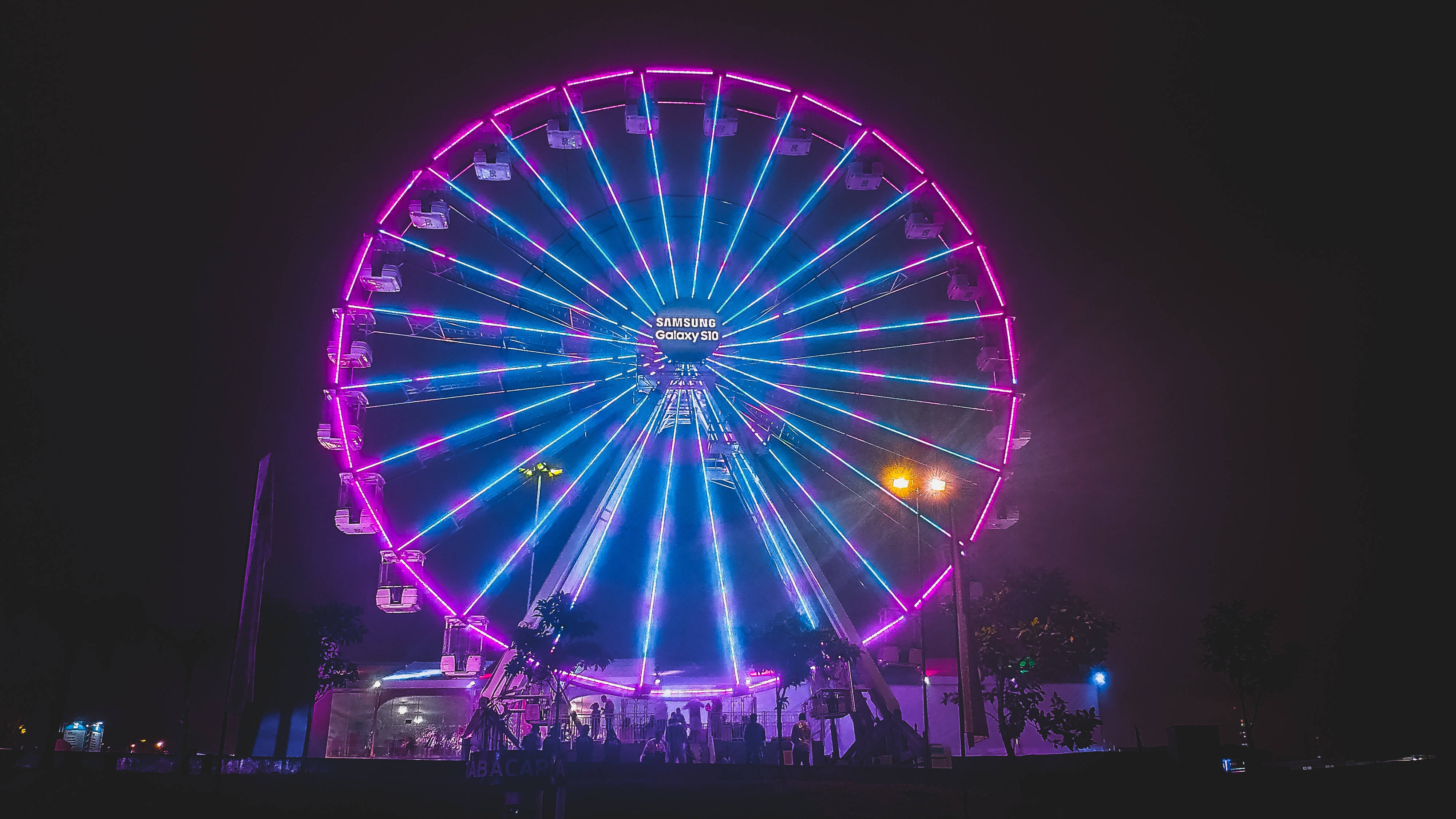 Neon Purple iPhone, Ferris wheel, vibrant purple, 4K Desktop Wallpaper