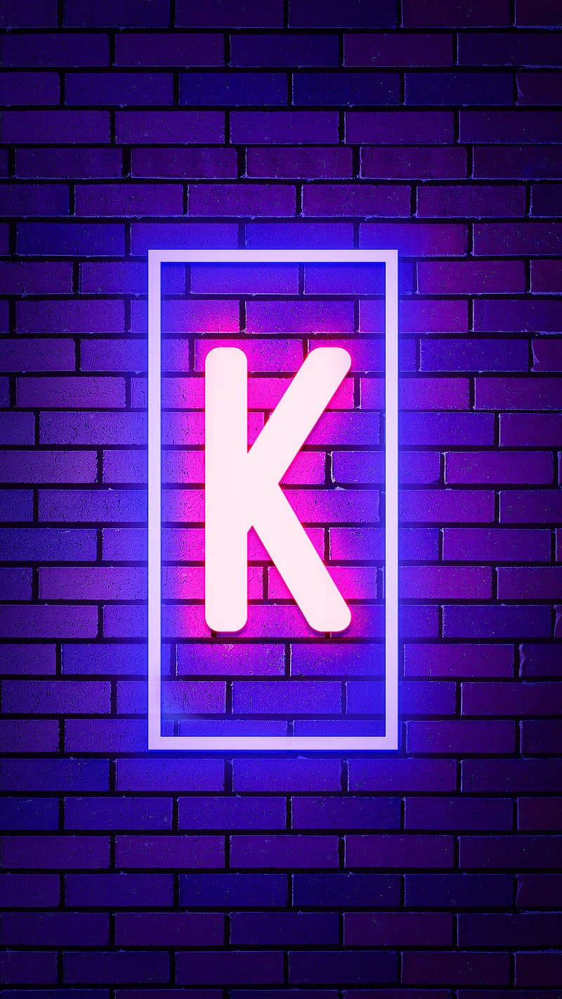 glowing neon letter K, pink and blue light, dark purple brick wall, HD Phone Wallpaper