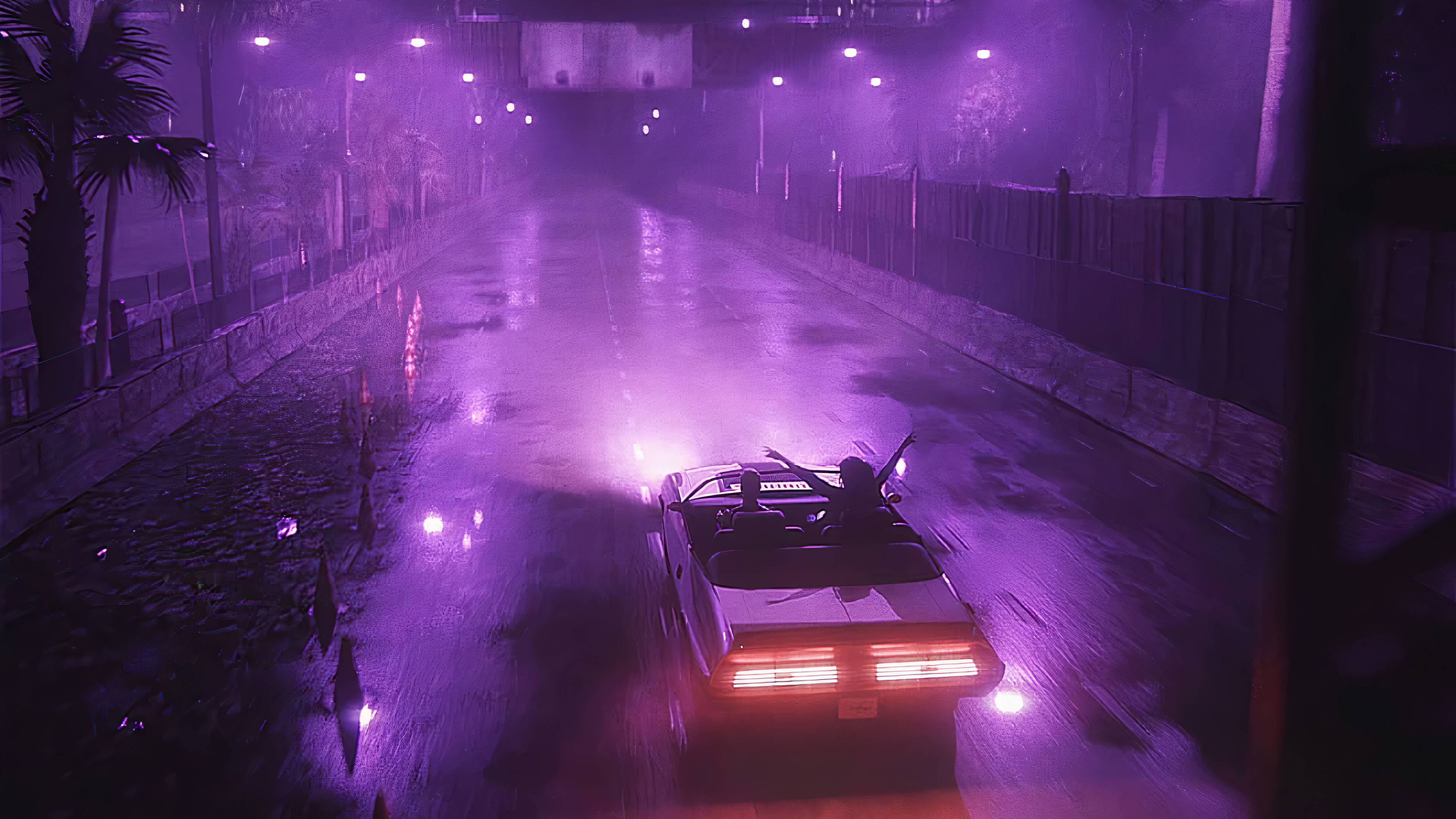 Neon Purple, convertible sports car, rain-slicked neon-lit street, 4K Desktop Wallpaper